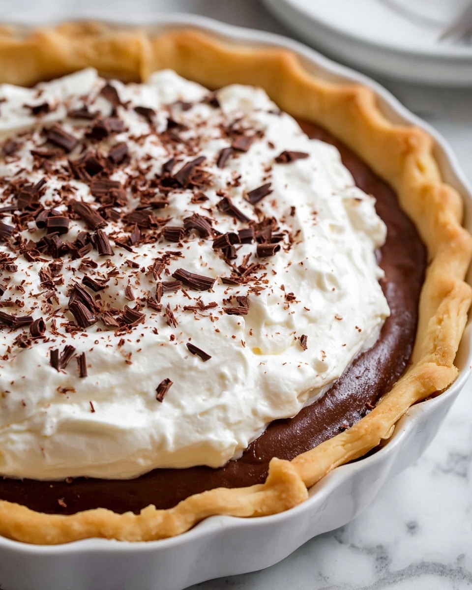 A close-up view of a pie in a white fluted ceramic dish shows three main layers: the bottom crust is golden brown with a crimped edge, the middle layer is a dark, smooth chocolate filling, and the top layer is a thick, creamy white whipped topping spread evenly over the chocolate. Small dark chocolate shavings are scattered on top of the whipped layer. The pie rests on a white marbled surface. photo taken with an iphone --ar 4:5 --v 7