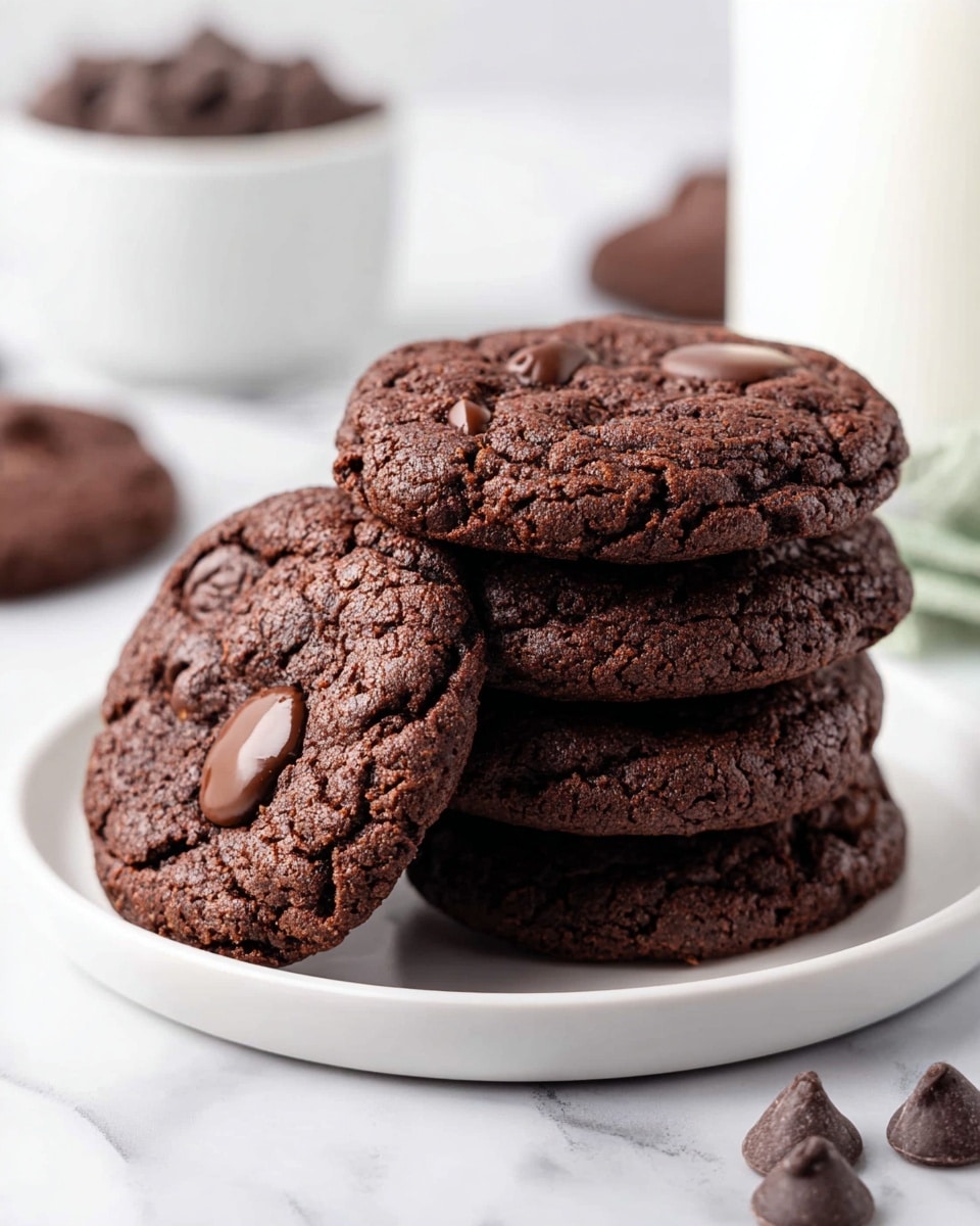 A stack of five thick, round dark brown chocolate cookies sits slightly off-center on a white plate on a white marbled surface. The top cookie and the cookie leaning against the stack have visible large, glossy chocolate chips embedded in their rough, cracked texture. Three chocolate chips are also scattered near the front cookie on the marbled surface. In the background, blurred, there is a white bowl filled with more chocolate chips and a glass of milk. The photo taken with an iphone --ar 4:5 --v 7