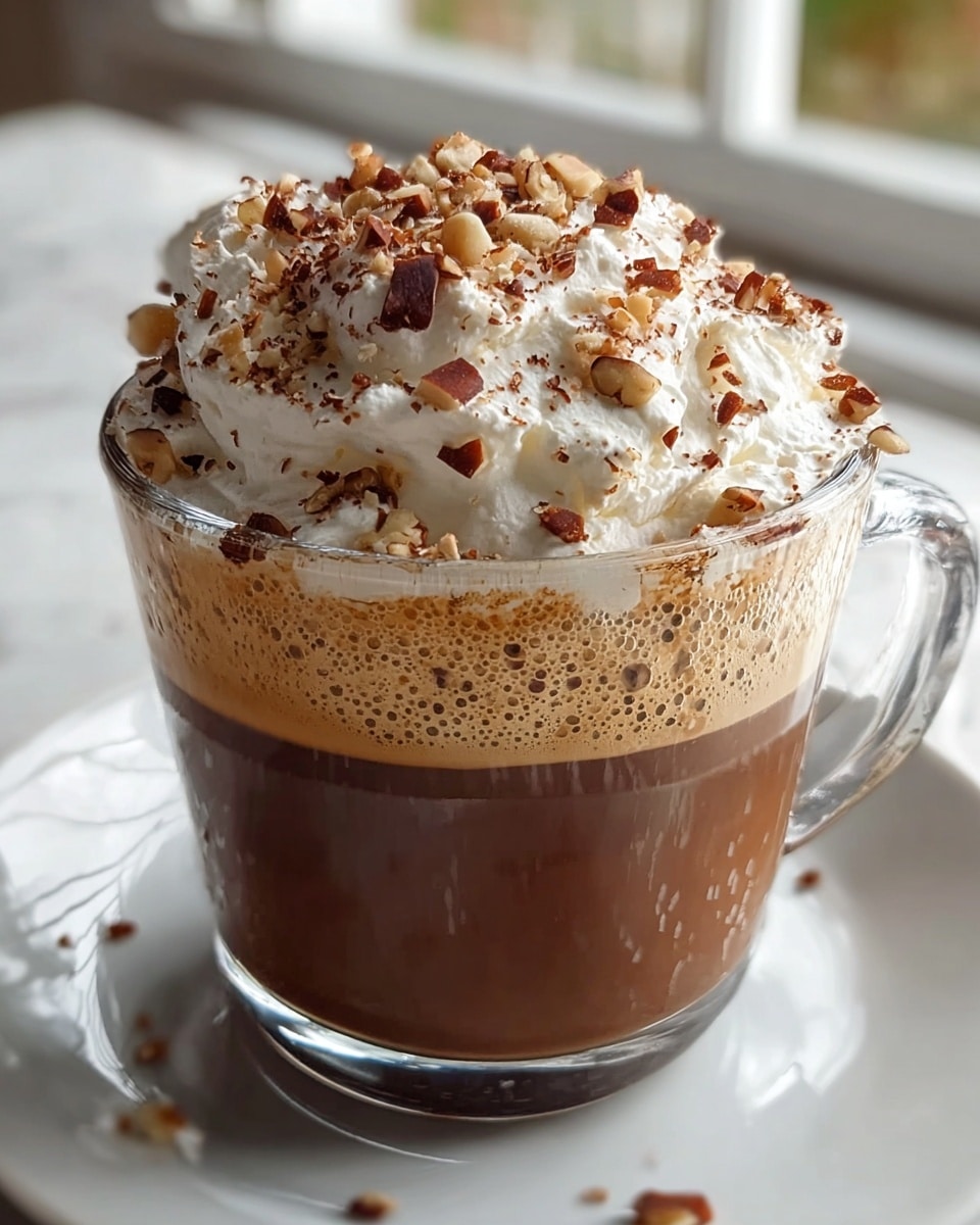 A clear glass cup filled with three visible layers: the bottom is a smooth, light brown milk base, the middle is a darker brown liquid coffee layer with small bubbles on the surface, and the top is a large, fluffy mound of white whipped cream heavily sprinkled with chopped light and dark brown nuts. The cup sits on a white plate, set on a white marbled texture background, with soft natural light coming from a blurred window in the background. photo taken with an iphone --ar 4:5 --v 7