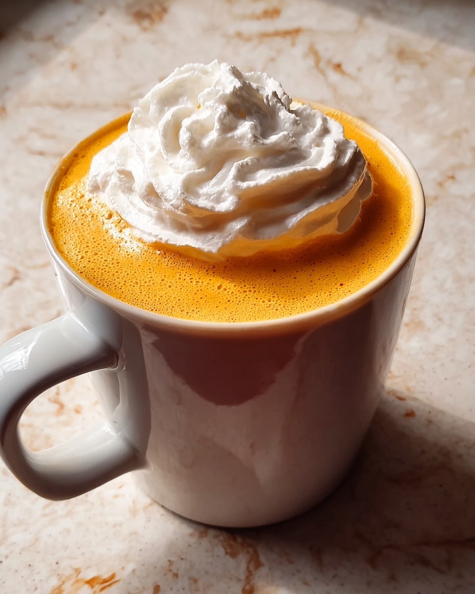 A close-up view of a creamy orange drink served in a glossy white mug with a rounded handle, filled nearly to the top with a frothy, smooth orange layer. On the very top, there is a generous swirl of white whipped cream with soft peaks and textured folds, sitting slightly over the edge of the cup. The mug is resting on a surface with a white marbled texture that has some subtle brown and gray veining. The lighting highlights the shiny surface of the mug and creates gentle shadows around it. photo taken with an iphone --ar 4:5 --v 7