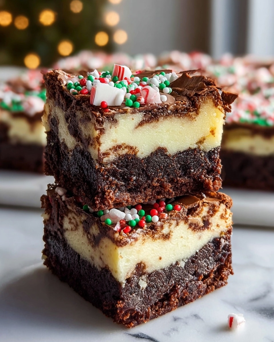 Three cheesecake brownie squares are stacked on a white marbled surface. Each square has three distinct layers: a dark, rich chocolate brownie base with a slightly crumbly texture, a smooth, creamy white cheesecake middle layer, and a cracked, glossy chocolate brownie top layer. The top surface of the stack is decorated with small round sprinkles in red, green, and white, along with tiny chunks of peppermint candy adding festive color and texture. The background is softly blurred with warm lighting. Photo taken with an iphone --ar 4:5 --v 7