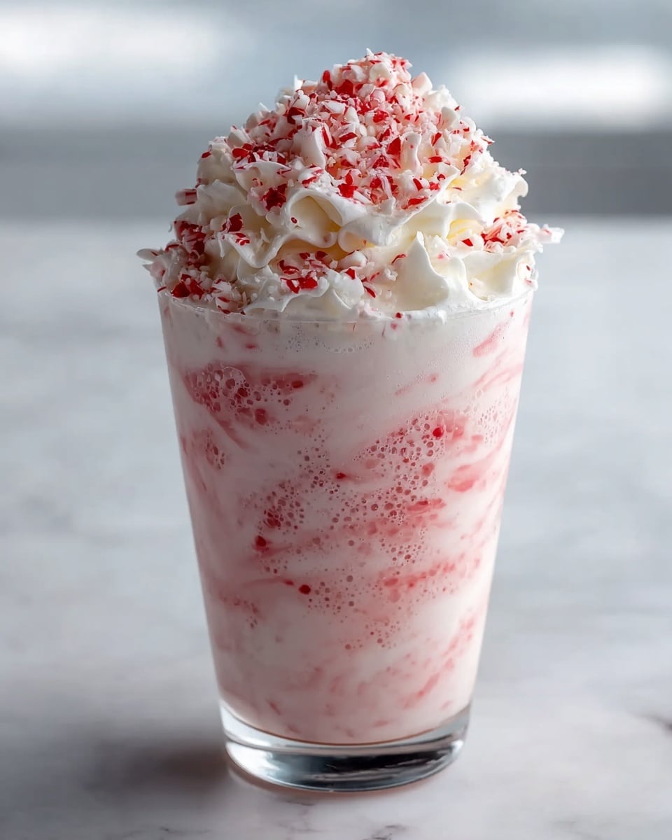 A clear glass filled with a creamy pink and white swirled drink showing bubbly texture throughout, with white whipped cream piled high on top, sprinkled with crushed red and white peppermint candy pieces. The glass is placed on a white marbled surface with a soft and blurred background. photo taken with an iphone --ar 4:5 --v 7