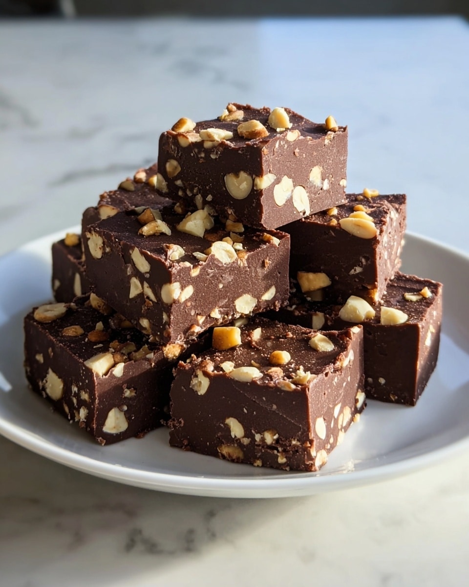 A white plate holds a stack of seven thick, square chocolate fudge pieces. Each piece has a rich dark brown color with many small and large chopped nuts embedded throughout, giving a rough, textured look. The fudge pieces are layered with four pieces at the base, two in the middle, and one on top in the center. The nuts are light beige, contrasting with the smooth, dense chocolate. The plate sits on a white marbled surface, and warm natural light highlights the shiny texture of the fudge and nuts on top, giving a cozy feel. Photo taken with an iphone --ar 4:5 --v 7