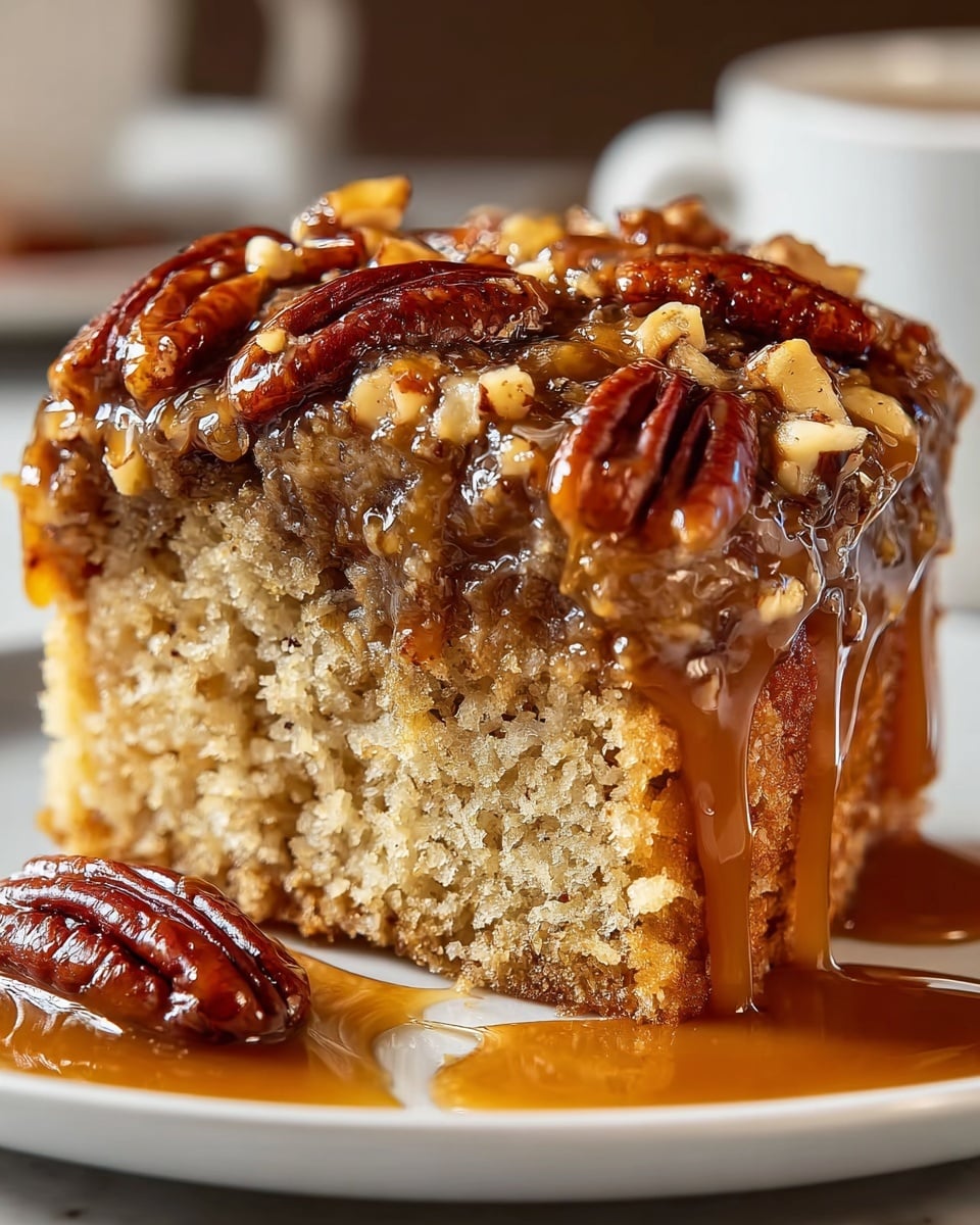 A slice of moist cake with two visible layers sits on a white plate on a white marbled table. The bottom layer is a light tan, soft cake with a crumbly texture. The top layer is a thick, sticky caramel glaze mixed with shiny, reddish-brown pecan halves and small bits of chopped nuts. The caramel sauce drips down the sides of the cake and pools on the plate, with one whole pecan sitting outside the slice. The image is close up, showing the textures and glossiness of the topping. Photo taken with an iphone --ar 4:5 --v 7