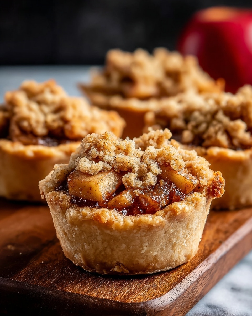 The image shows four small apple crumb pies arranged on a wooden board. Each pie has a thick, golden pastry crust forming the base and sides. Inside, the filling is visible with chunks of light brown apple mixed with a darker cinnamon-like sauce. The top layer is a crumbly, light tan streusel that covers the apple filling unevenly, giving a rough texture. The background is blurred with a dark tone and a red apple slightly visible, while the surface under the board is a white marbled texture. Photo taken with an iphone --ar 4:5 --v 7