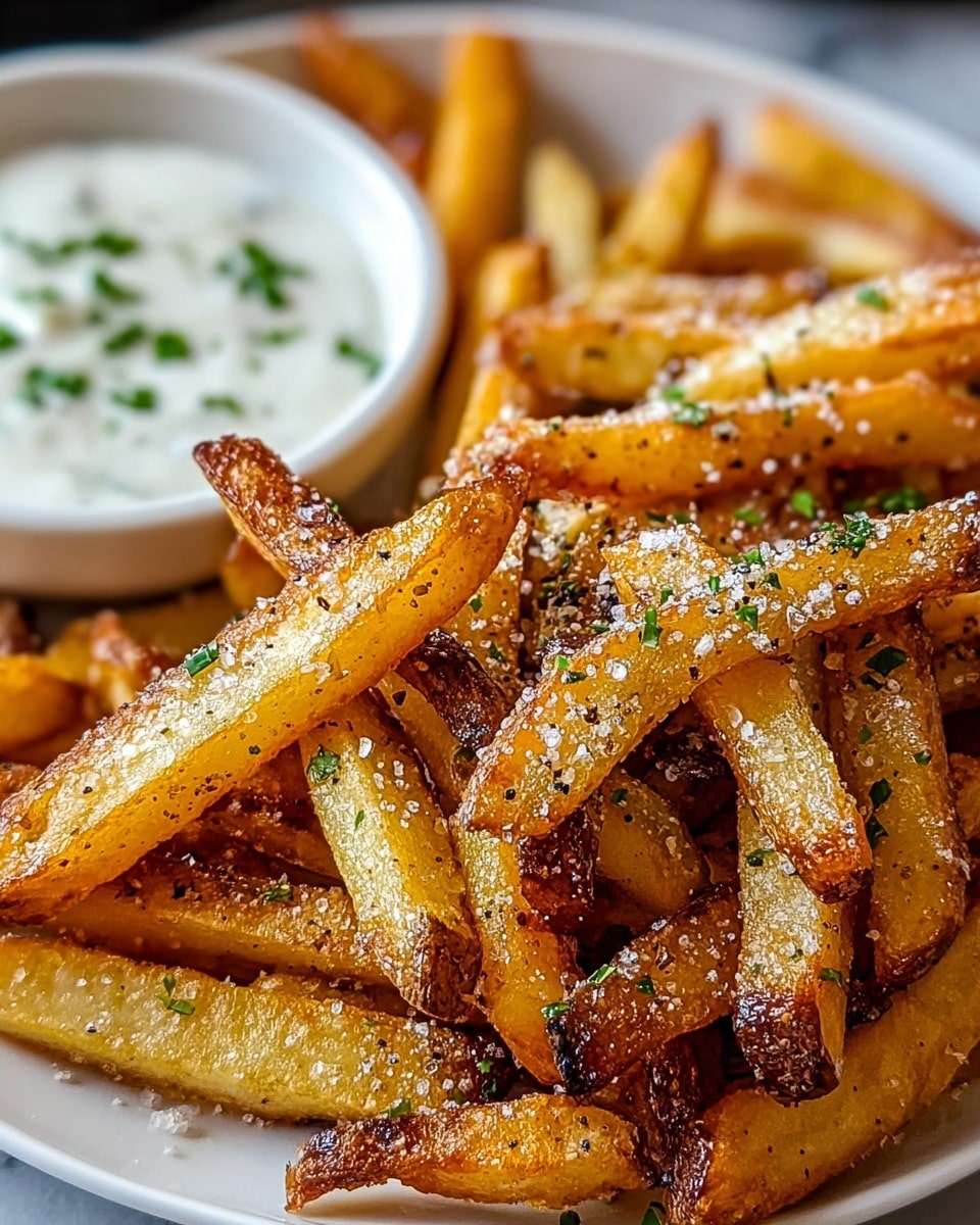 A close-up image of golden-brown French fries with a crispy texture and light seasoning of coarse salt and herbs scattered on top. The fries are piled in a slightly curved white plate, showing different shades of yellow and brown with some edges darker and crunchy. In the top left corner, there is a small bowl with a light creamy dip garnished with small green herbs. The background is a white marbled surface, adding a clean and fresh feel to the image. photo taken with an iphone --ar 4:5 --v 7