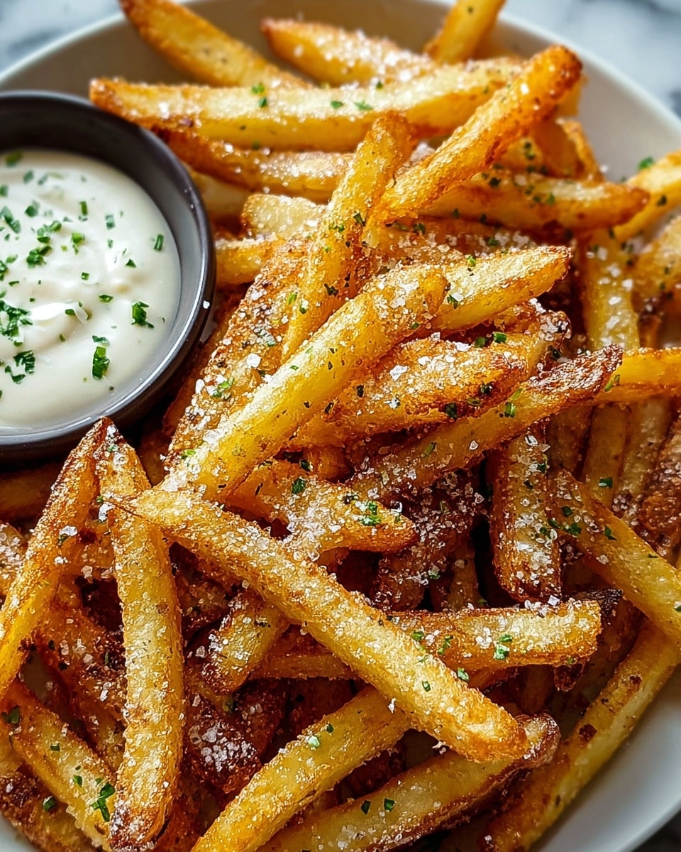 A close-up of a pile of golden brown french fries on a white plate, each fry showing a slightly crispy texture with some darker browned edges and specks of black pepper. The fries are sprinkled with coarse salt and finely chopped green herbs. In the background, there is a small white bowl filled with a creamy white dipping sauce that has bits of green herbs on top. The whole scene sits on a white marbled surface. photo taken with an iphone --ar 4:5 --v 7
