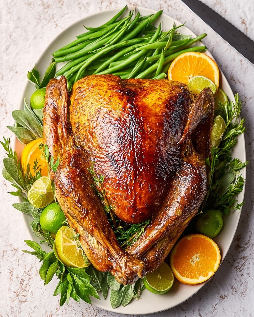 A whole roasted turkey with a shiny, crispy golden-brown skin is placed in the center of a large white oval platter. The turkey has visible roasted wings tucked close to its sides. Underneath and around the turkey, there is a layer of fresh green leaves, likely herbs and spinach, giving a vibrant green contrast. Scattered on top of the greens are bright slices of orange and green lime wedges, adding pops of orange and light green. Small bunches of fresh green herbs, like rosemary and dill, are also placed around the turkey for decoration. The platter sits on a white marbled surface, and next to it are a carving knife and fork with wooden handles. photo taken with an iphone --ar 4:5 --v 7