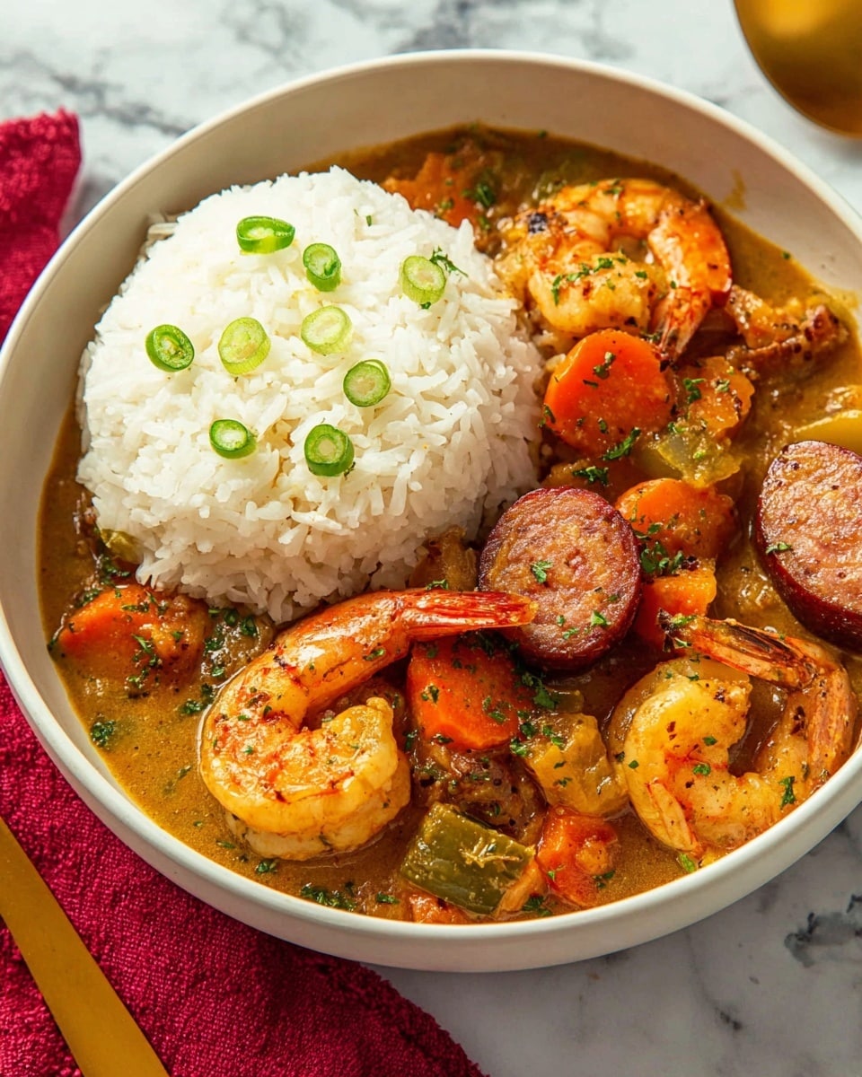 The image shows a white bowl filled with two main parts: on the left side, there is a mound of fluffy white rice with small green slices scattered on top, while on the right side, a rich, thick brownish-yellow stew contains large shrimp with a slight orange tint, thick slices of browned sausage, and chunks of orange carrot. The stew also has visible pieces of green peppers and herbs, giving it a fresh look. The food is placed on a white marbled surface, and part of a gold spoon with a red cloth napkin is seen near the bowl. photo taken with an iphone --ar 4:5 --v 7