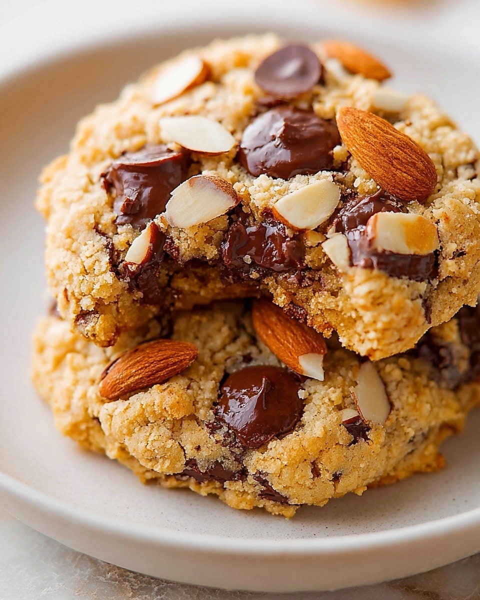 A close-up view of a small stack of two chunky cookies on a white plate, sitting on a white marbled surface. The cookies have a light golden-brown color with a crumbly texture, topped with smooth, glossy chocolate chips and slices of toasted almond scattered on the surface. The top cookie is slightly broken, showing a rich, dark chocolate inside that contrasts with the lighter cookie dough. The cookies look thick and soft with uneven edges. Photo taken with an iphone --ar 4:5 --v 7