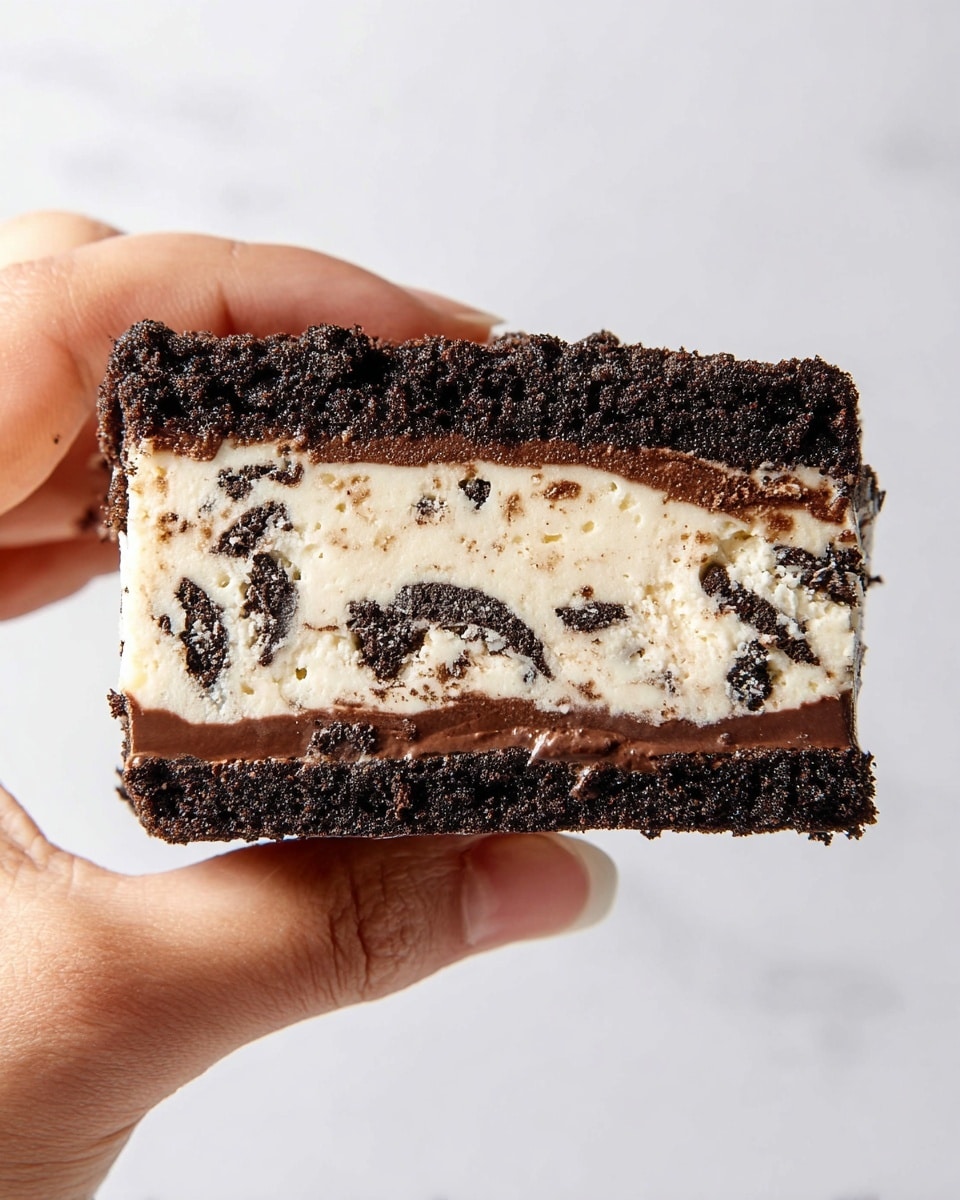 A close-up of a layered ice cream sandwich held by a woman's hand against a plain background with white marbled texture. The sandwich has three main layers: a thick, dark brown crumbly chocolate cookie layer on top, a thick creamy white ice cream layer with visible small chunks of dark chocolate cookies mixed in the middle, and another dark chocolate cookie layer at the bottom. There is a thin layer of glossy chocolate spread just above the bottom cookie layer and slightly between the ice cream and top cookie. The edges show a mix of rough cookie texture and smooth creamy ice cream. Photo taken with an iphone --ar 4:5 --v 7