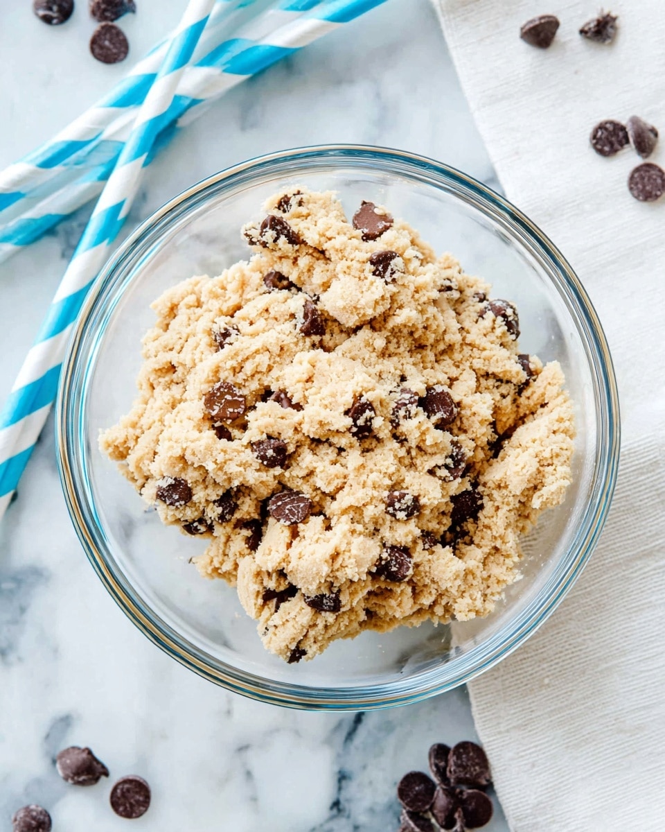 A clear glass bowl holds a light beige, crumbly dough mixed with scattered dark brown chocolate chips, creating a lightly chunky texture with visible rough edges. The dough mounds loosely in the bowl’s center, showing small, grainy crumbs and bits of chocolate spread unevenly throughout. The bowl sits on a white marbled surface, around which a few chocolate chips and a white cloth napkin are casually placed. Two blue and white striped paper straws lie diagonally near the top left corner, adding a splash of bright color. photo taken with an iphone --ar 4:5 --v 7