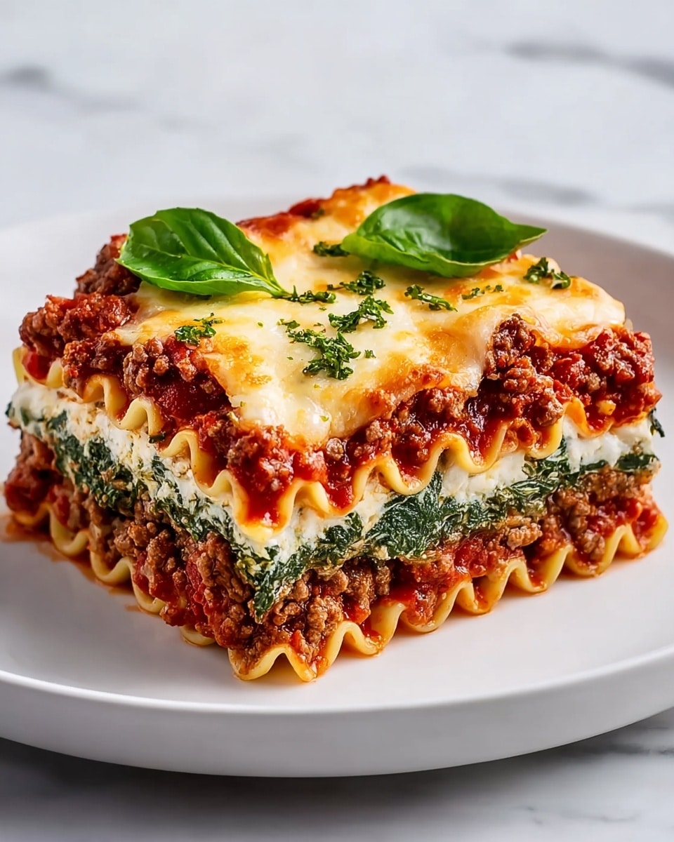 A square piece of lasagna is placed on a white plate, showing four clear layers: the bottom layer is wavy pasta with some red sauce under it, followed by a thick, creamy white layer mixed with green spinach, then a smooth pasta layer topped by a rich red meat sauce with ground beef, and finally a melted golden cheese layer with small green herb bits sprinkled on top, garnished with two fresh green basil leaves. The plate sits on a white marbled surface. photo taken with an iphone --ar 4:5 --v 7