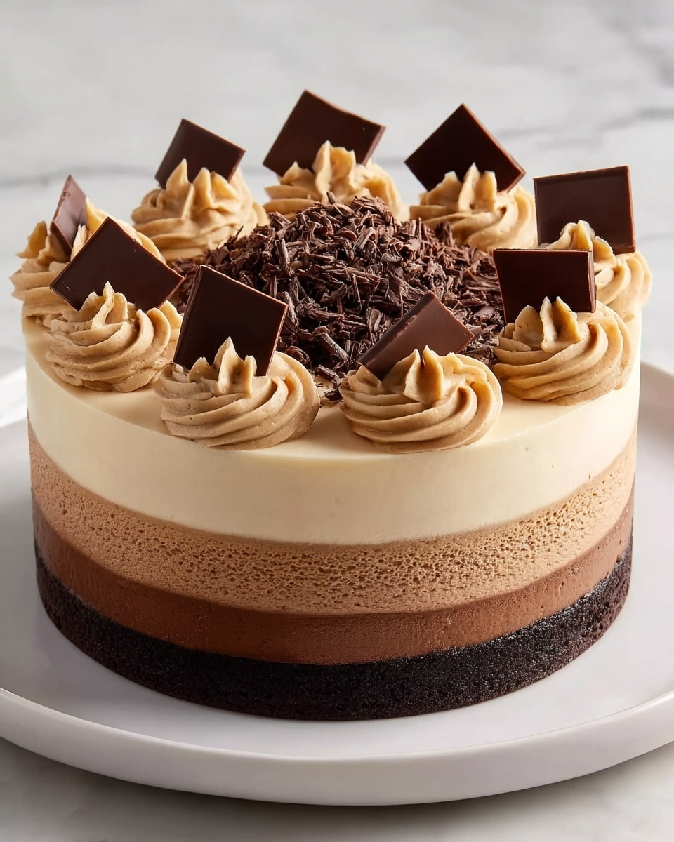A three-layer mousse cake sits on a white plate on a white marbled surface. The bottom layer is dark brown and dense like chocolate cake, above it is a medium brown mousse layer, and the top layer is a light creamy beige mousse. The cake top is decorated with eight swirls of light brown cream, each topped with a square piece of dark chocolate. In the center of the cake top is a pile of small, dark chocolate shavings. The overall look is smooth, neat, and rich in texture. Photo taken with an iphone --ar 4:5 --v 7
