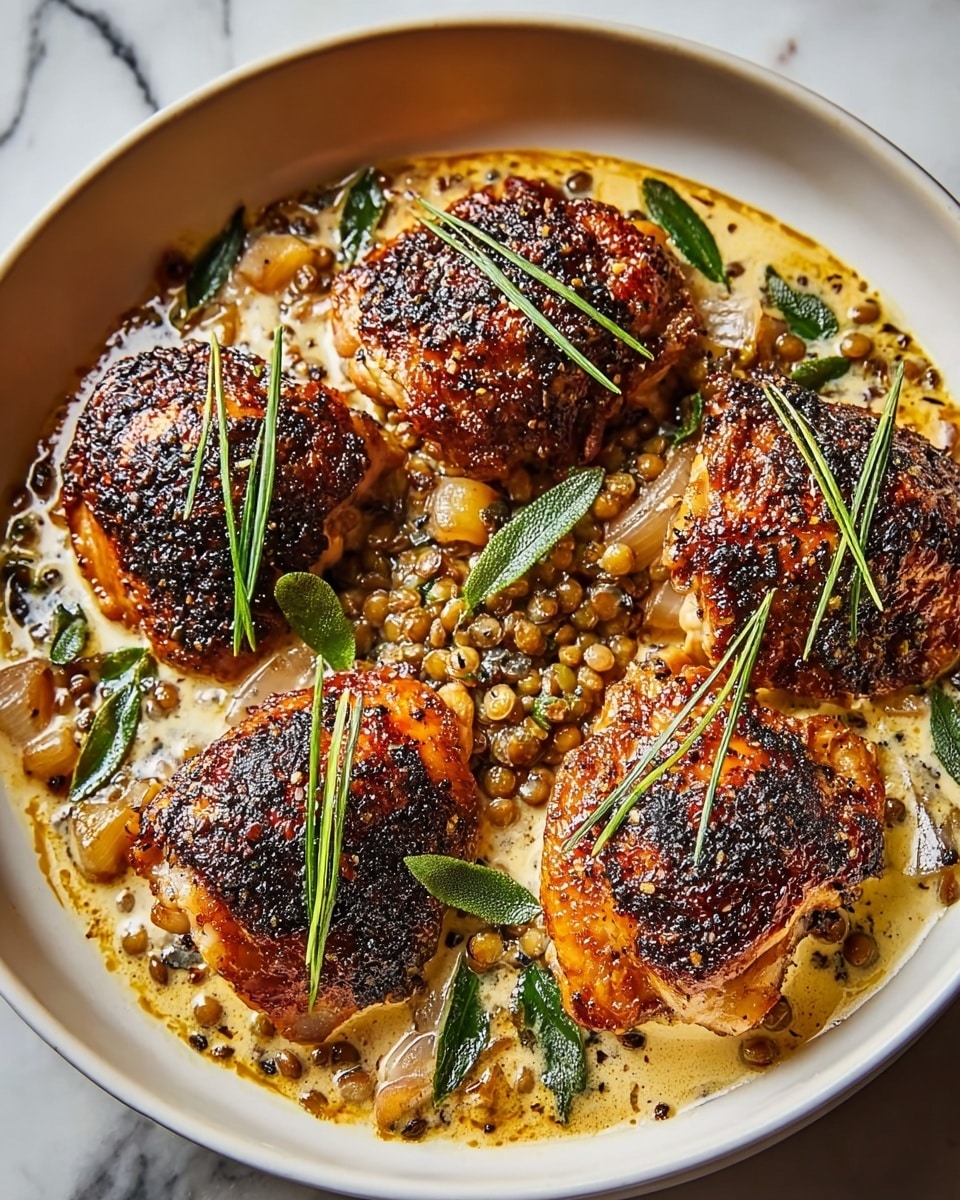 A white shallow dish holds five pieces of golden-browned, crispy chicken thighs with blackened spice specks on top, each garnished with thin green herb leaves. The chicken sits on a creamy sauce mixed with small round yellow lentils and scattered roasted onion chunks. More green herb leaves are spread throughout the dish, adding freshness and texture. The dish sits on a white marbled surface. photo taken with an iphone --ar 4:5 --v 7