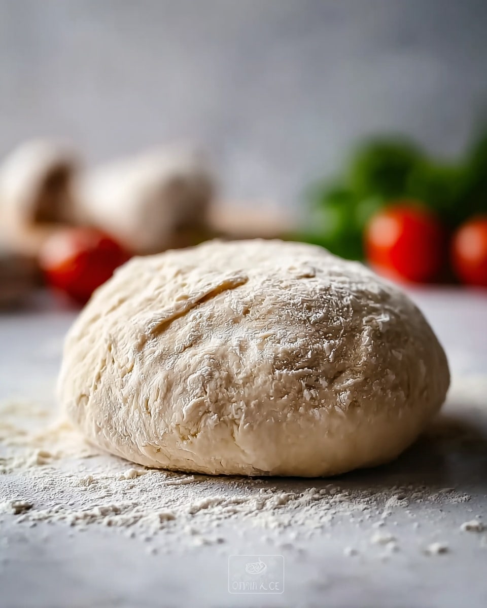 A close-up of a round ball of dough resting on a white marbled surface lightly dusted with flour. The dough has a light beige color with a slightly rough and cracked texture, showing small creases and folds on its surface. In the blurred background, there are soft shapes of red tomatoes, green herbs, and white mushrooms, giving a fresh kitchen setting. The light softly highlights the dough's surface details, making it look soft and ready for baking. photo taken with an iphone --ar 4:5 --v 7