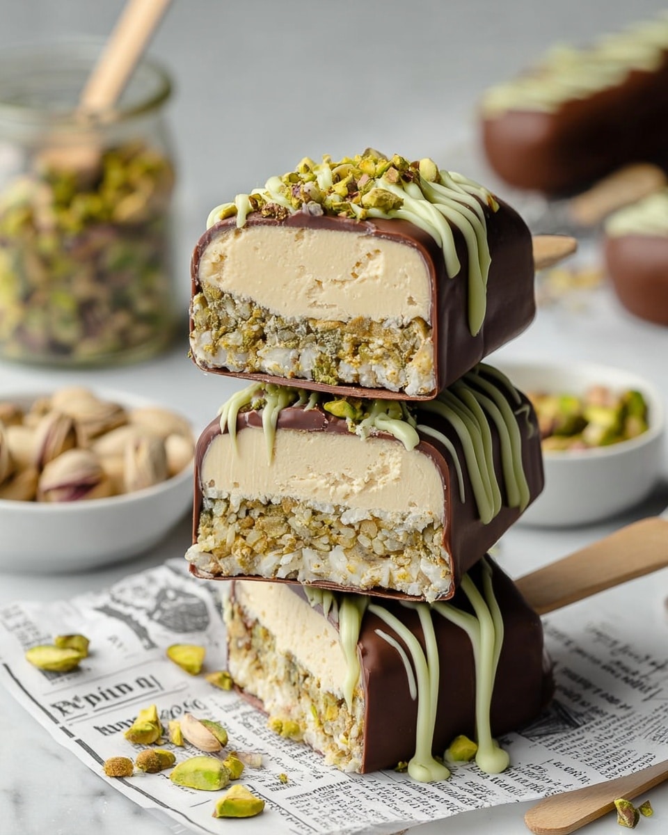 The image shows three stacked ice cream bars on a white marbled surface covered with a newspaper print. Each bar has three main layers: the innermost creamy beige ice cream, a middle crunchy shredded layer in light brown and green shades, and a smooth dark chocolate outer coating. Light green drizzle and small chopped pistachio pieces decorate the top and sides of the bars. One ice cream bar on top is cut open, revealing all layers clearly, while the bottom bar has a wooden stick partially visible. The background includes blurred bowls and jars of pistachio nuts to complement the scene. Photo taken with an iphone --ar 4:5 --v 7