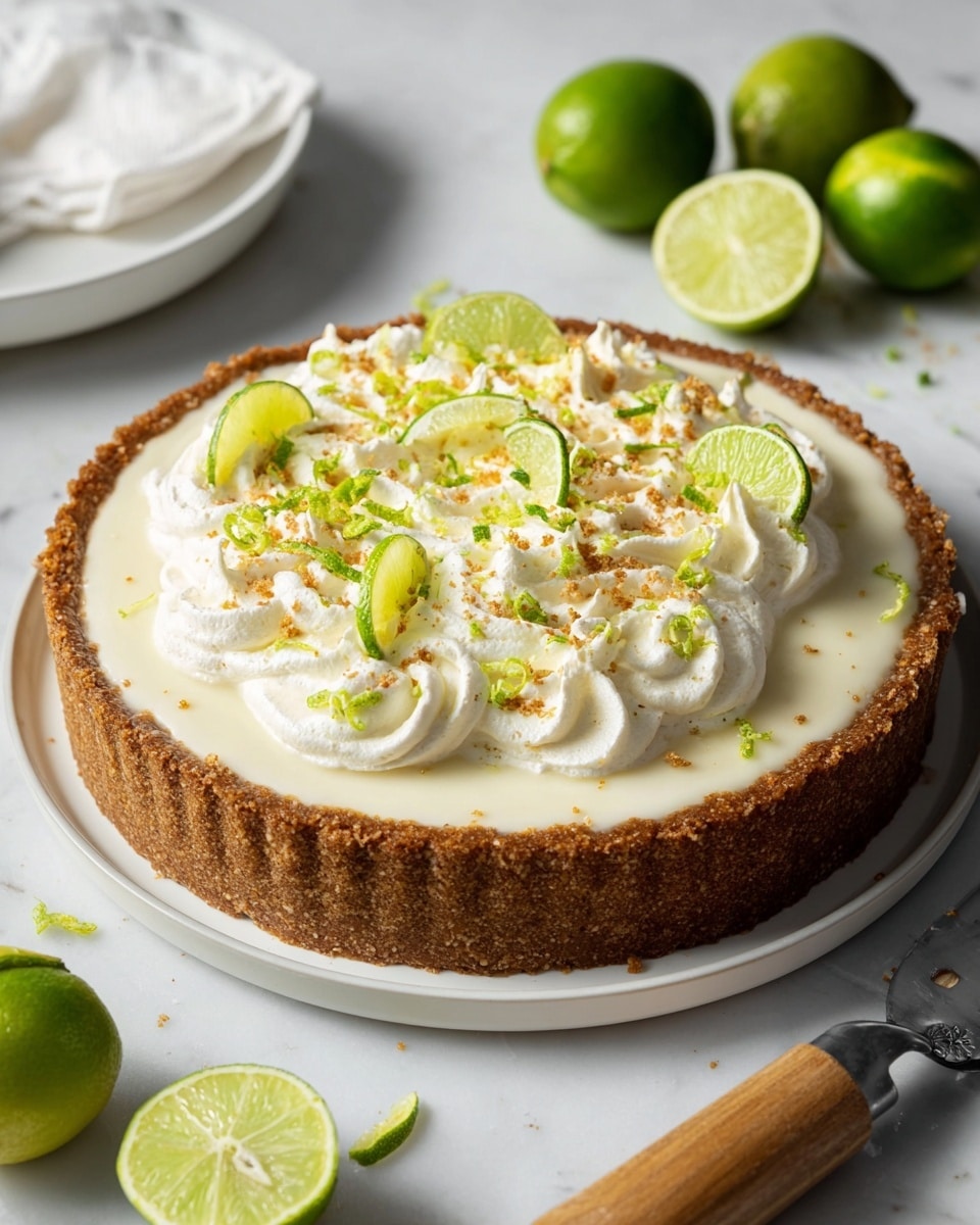 A slice of key lime pie is being lifted on a metal cake server from a white plate with a dark patterned liner. The pie has three layers: a thick, crumbly, golden brown crust at the bottom; a smooth, pale yellow creamy filling in the middle; and a fluffy, white whipped cream topping spiked with green lime zest curls and small brown cookie crumbs. The whole pie sits on the same white plate, with lime wedges and slices scattered around it on a white marbled surface. In the background, a white bowl filled with whole limes is slightly blurred. photo taken with an iphone --ar 4:5 --v 7
