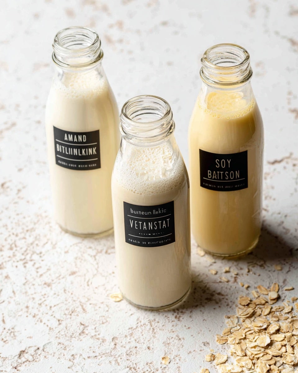 Three small glass bottles filled with different types of vegan buttermilk are placed side by side on a white marbled texture. The bottle on the left contains almond vegan buttermilk, which is creamy white with a smooth texture. The middle bottle has soy vegan buttermilk, showing a foam layer on top and a slightly thicker, pale yellowish mix underneath. The bottle on the right is filled with oat vegan buttermilk, creamy beige in color and smooth in texture. Each bottle has a black label with white text denoting its type. A small amount of oat flakes is scattered around the bottom right of the bottles. Photo taken with an iphone --ar 4:5 --v 7
