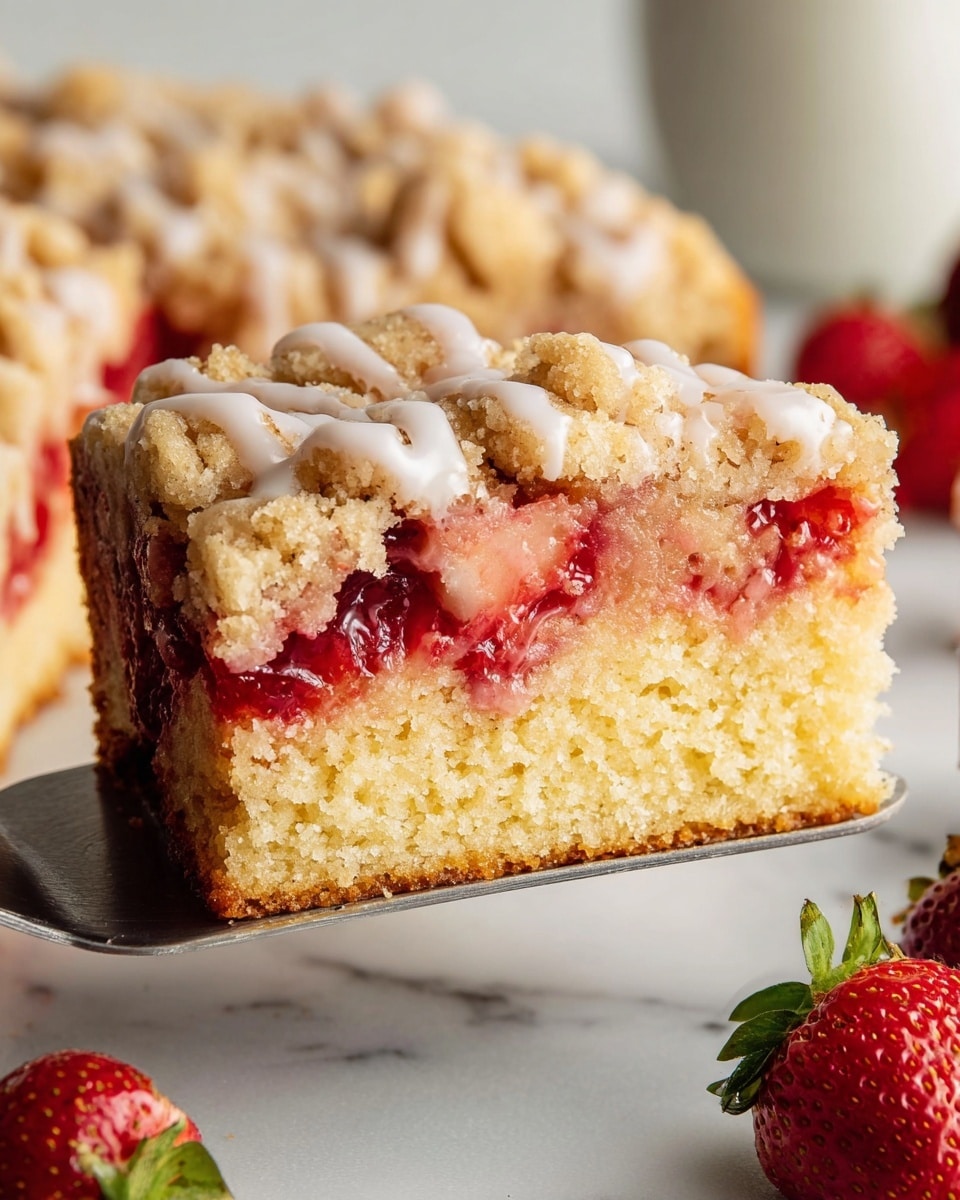A slice of strawberry crumb cake is held on a metal spatula, showing three layers: the bottom layer is a thick, dense, yellow cake with a soft crumb texture; above that is a thin layer of bright red, glossy strawberry filling with chunks of strawberries visible; the top layer is a crumbly golden-brown streusel sprinkled with white glaze drizzled over it. The cake slice is near the rest of the cake on a white marbled surface, with fresh red strawberries blurred in the background. photo taken with an iphone --ar 4:5 --v 7