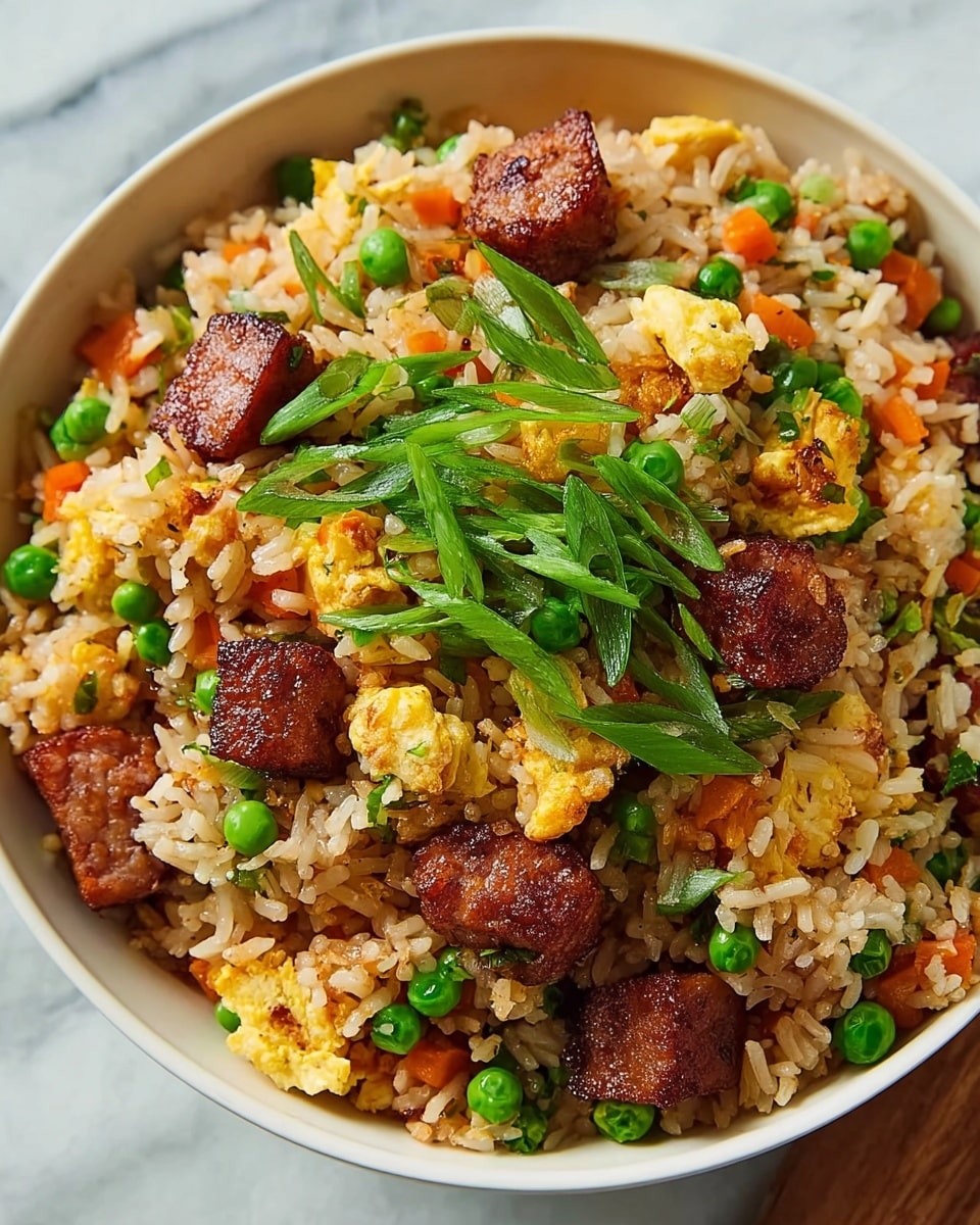 A close-up view of a bowl filled with fried rice showing visible layers starting with the light brown grains of cooked rice mixed evenly with small bright green peas and tiny diced orange carrots. Scattered throughout the rice are chunks of golden scrambled eggs and thick, browned cubes of fried sausage placed on top and inside the mix. Thinly sliced green onions sit on the very top, adding a fresh green color and texture contrast. The food is served in a white bowl set on a white marbled surface. photo taken with an iphone --ar 4:5 --v 7