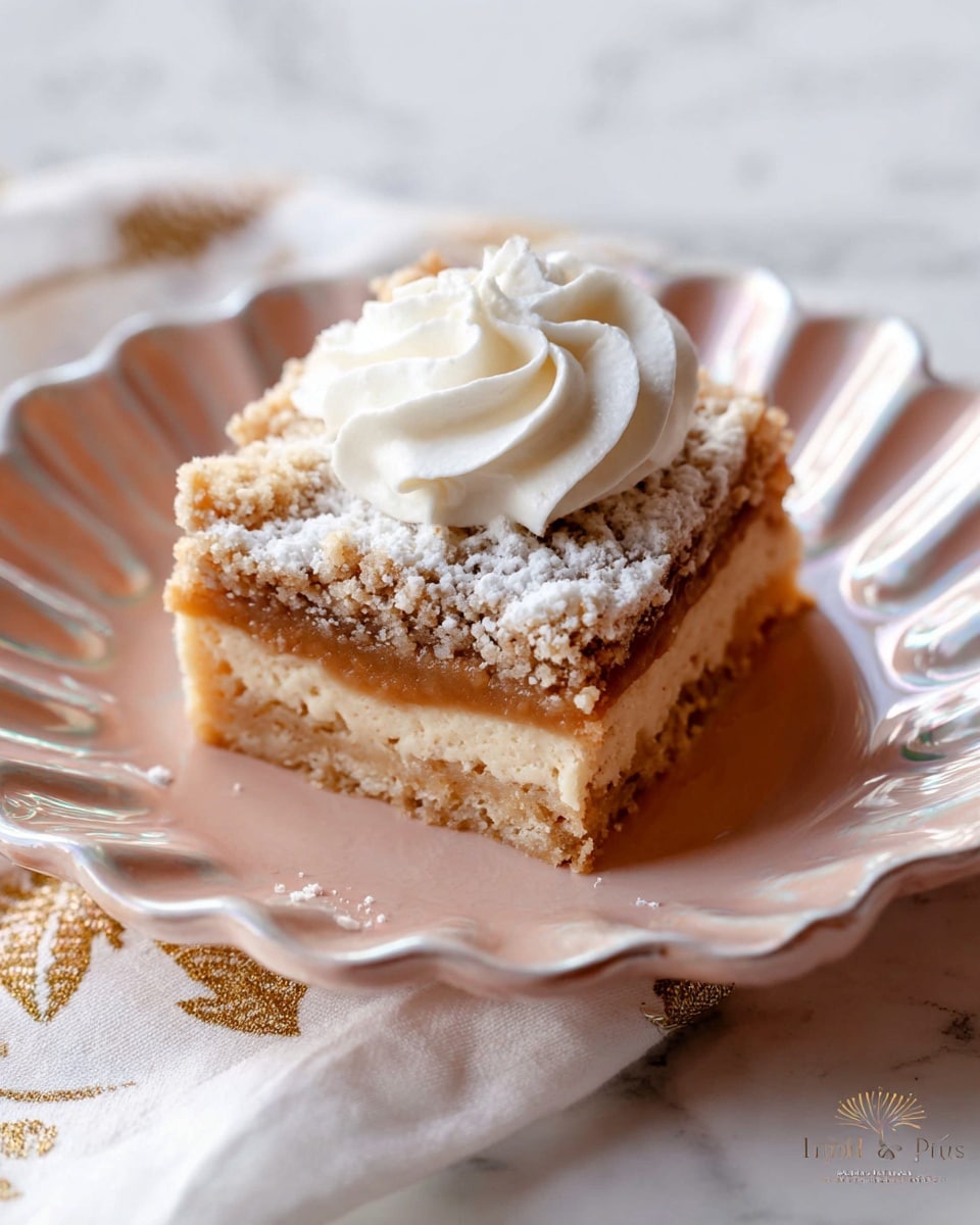 A single square piece of dessert rests on a white scalloped plate with a shiny finish. The dessert has three visible layers: a thick, crumbly light beige base, a smooth light brown middle filling, and a crumbly topping dusted lightly with powdered sugar. On top, there is a swirl of white whipped cream, neatly piped at the center. The plate sits on a white marbled surface, with a white cloth featuring a simple gold leaf pattern partially visible beneath the plate. Photo taken with an iphone --ar 4:5 --v 7