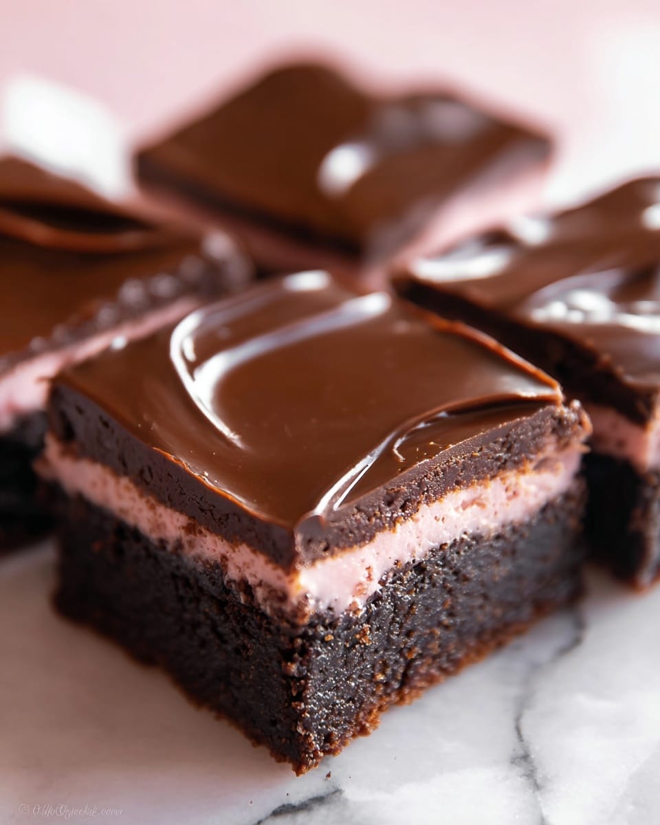 The image shows four square brownies arranged closely on a white marbled surface. Each brownie has three layers: a thick, dark brown bottom layer with a fudgy texture, a thin middle layer with a smooth light pink color, and a shiny dark brown chocolate top layer that looks glossy and slightly wavy. The brownies are cut evenly with clean edges and the shine on the top chocolate layer reflects soft light. Photo taken with an iphone --ar 4:5 --v 7