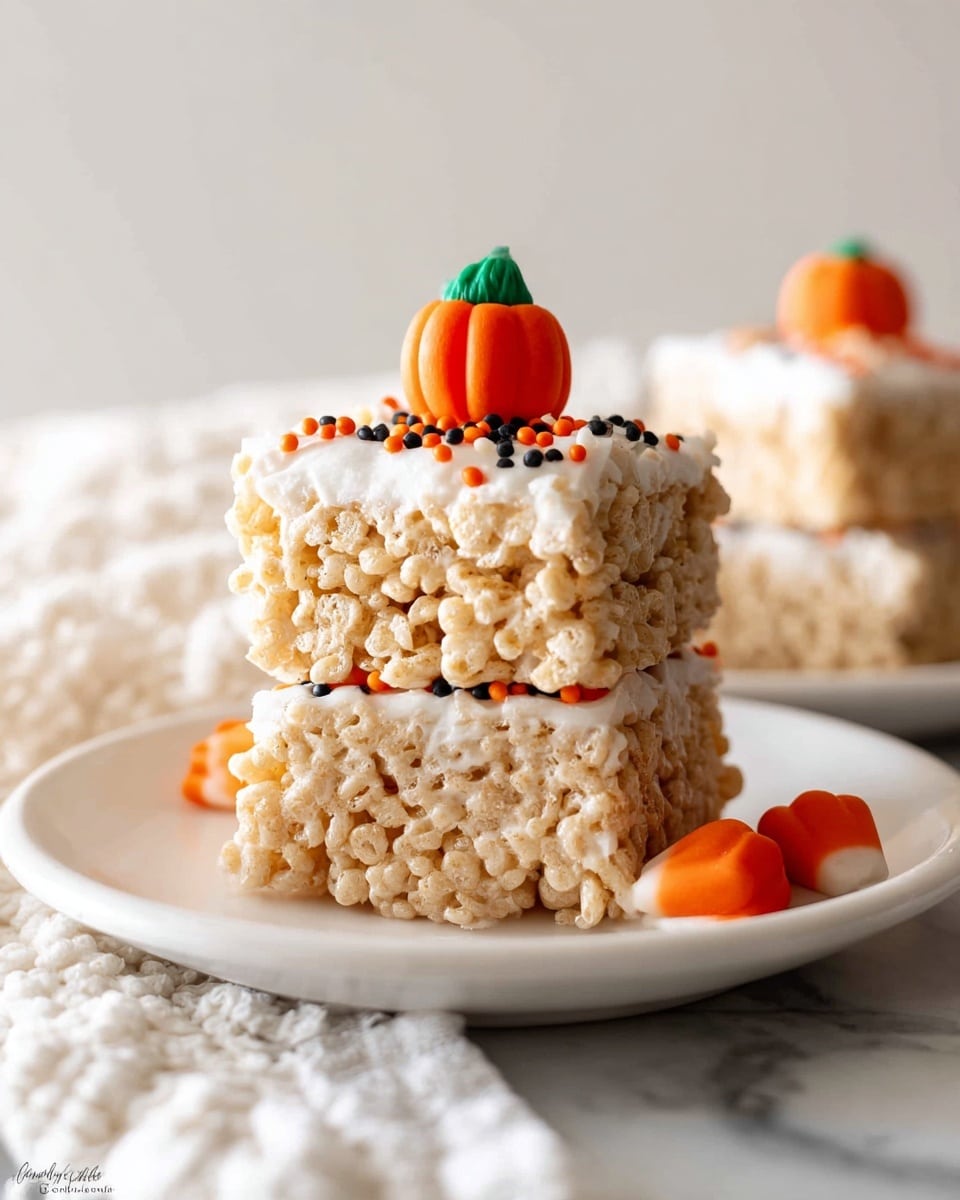 Two layers of light brown, crispy rice cereal treats are stacked on a white plate, each layer showing a bumpy and airy texture. The top layer has a smooth, white frosting partially covering it, sprinkled with small black and orange dots. At the very top, there is a small orange and green candy shaped like a pumpkin. On the white plate beside the stack, there are additional pumpkin candies. The plate sits on a white marbled surface, with a soft, white woven cloth partially visible at the edge. photo taken with an iphone --ar 4:5 --v 7
