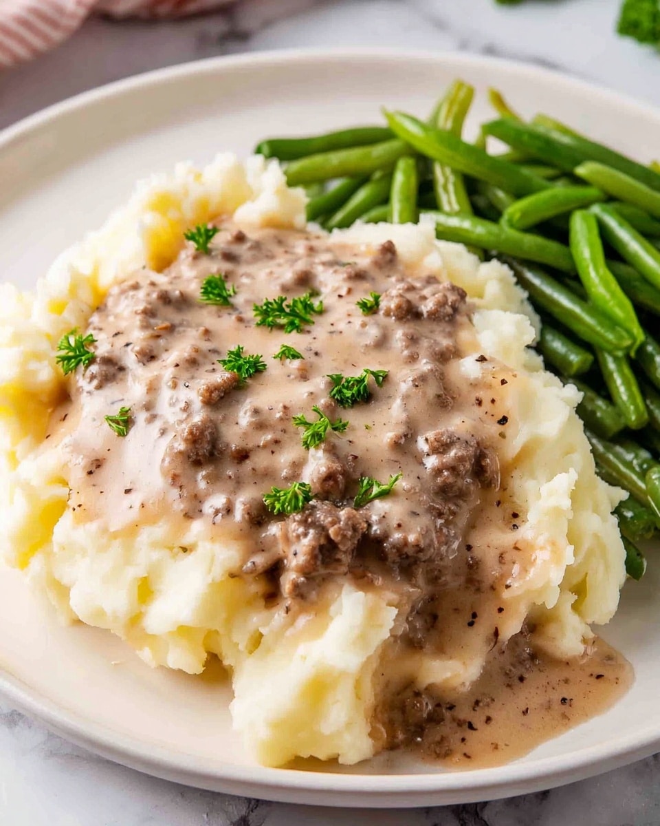 A white plate holds three parts: on the left, a thick layer of fluffy mashed potatoes in light cream color; covering the top center of the potatoes is a generous layer of creamy brown sausage gravy with visible chunks of ground sausage, speckled with black pepper and small green parsley leaves scattered on top; on the right side of the plate, there is a side of firm yellow-green cut green beans, neatly stacked. Behind the plate, there are three glass spice jars with black lids, and in the background, a large white pan with a wooden spoon rests on a surface with a white marbled texture. photo taken with an iphone --ar 4:5 --v 7