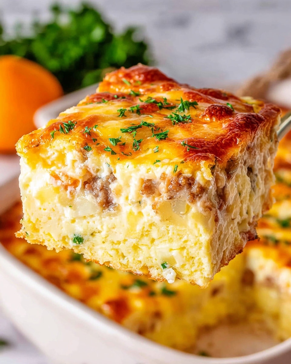 A thick square slice of baked casserole is shown close up, held above a white marbled surface. The casserole has multiple layers starting with a light yellow, fluffy egg base at the bottom, followed by a creamy mixture with visible chunks of what looks like sausage and potatoes in the middle. The top layer is golden melted cheese with a slightly crispy, browned texture and small green parsley pieces sprinkled over it. The background features the rest of the casserole in a white dish blurred out, with a blurred orange and some green herbs visible farther back. Photo taken with an iphone --ar 4:5 --v 7