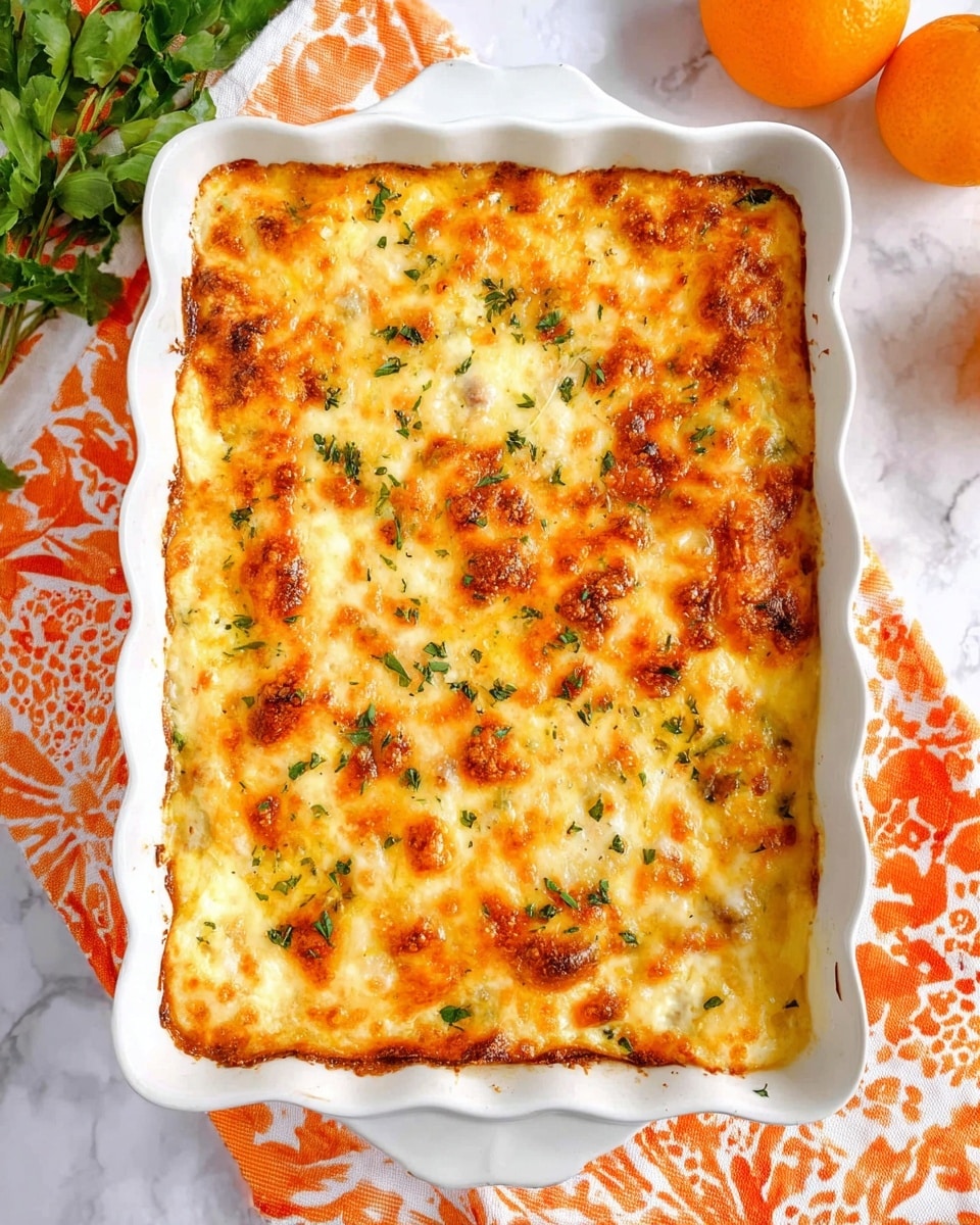 A golden brown baked dish in a white scalloped rectangular baking dish features a top layer of melted cheese with small browned spots and sprinkled green herbs for garnish. Beneath the cheese, a creamy layer with visible browned bits peeks through. The dish rests on a white marbled surface with a bright orange and white patterned cloth partially visible at the bottom, and a few green leafy sprigs and two orange fruits in the background near the top. Photo taken with an iphone --ar 4:5 --v 7