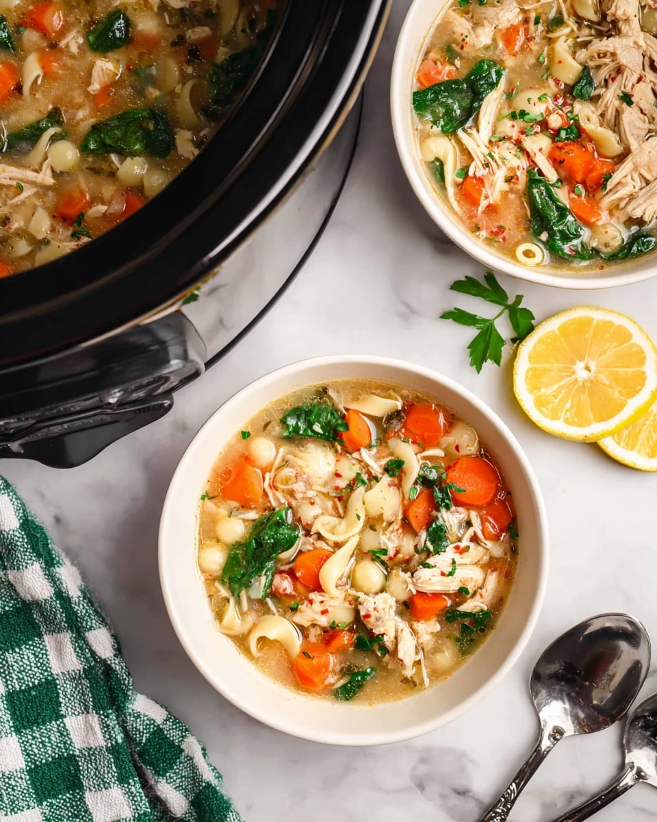 A close-up view of a hearty soup served in two white bowls filled with a light broth containing visible layers of diced orange carrots, green spinach leaves, small tiles of white pasta, shredded chicken, and herbs. Next to the bowls are lemon wedges on the white marbled surface and a green and white checkered cloth with two silver spoons resting on it. On the left side, a black slow cooker with soup inside is visible, showing the same colorful ingredients. The overall look is warm and inviting with a mix of soft textures and fresh colors. photo taken with an iphone --ar 4:5 --v 7