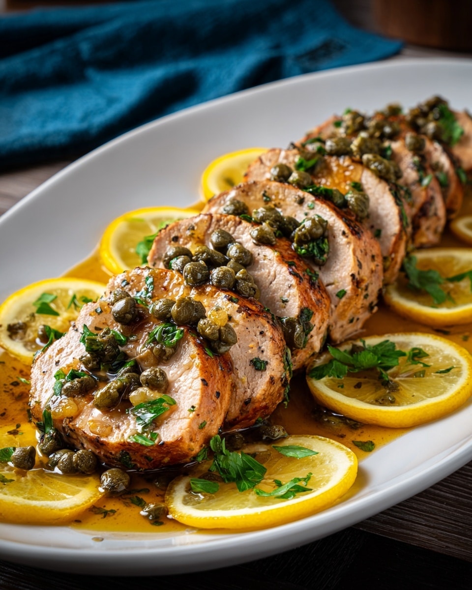 The dish shows six slices of cooked pork tenderloin arranged in a row on a white oval plate, each slice juicy and light brown with a slight golden crust. On top of the pork slices, there is a glossy sauce with green capers and chopped parsley scattered across, adding texture and color. Around the pork, slices of bright yellow lemon are spread evenly, their inner segments and peels clearly visible. The plate sits on a dark wooden surface, with a blurred blue cloth in the background. The sauce pools slightly on the plate, reflecting light and adding a rich, oily shine to the whole presentation. photo taken with an iphone --ar 4:5 --v 7
