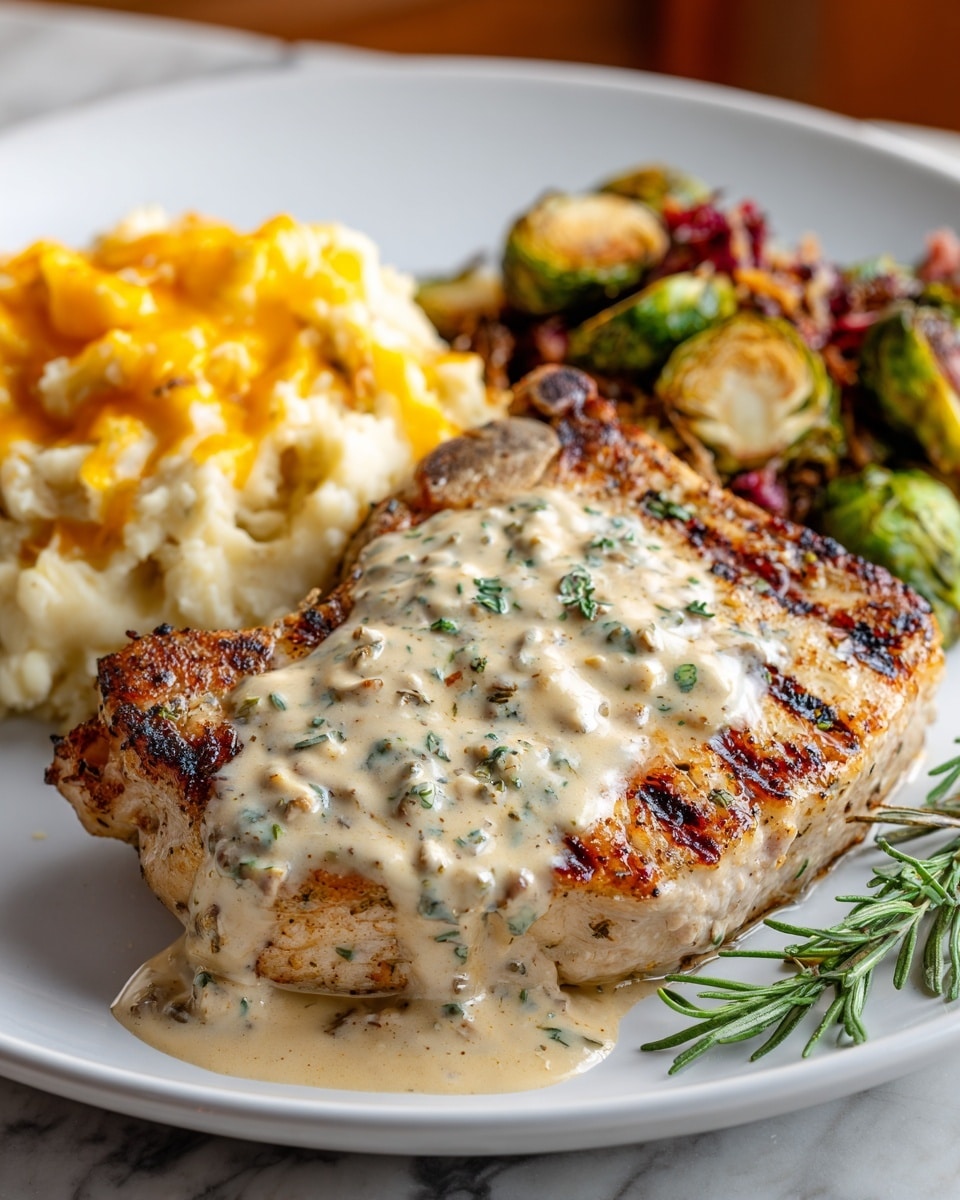A grilled pork chop with a golden brown, slightly charred surface lies at the center of a white plate, topped with a creamy white garlic herb sauce that is thick and smooth, spreading down one side and sprinkled with fresh green thyme leaves. Behind the pork chop, to the right, is a generous mound of creamy mashed potatoes with shredded cheddar cheese melted on top, showing a mix of white and orange colors. To the left and slightly in the background, there are roasted Brussels sprouts with crispy, browned edges and some fresh green and burgundy leafy salad mixed in. A small sprig of rosemary rests on the plate beside the pork chop, and the plate is set on a white marbled texture. The focus is on the rich textures and colors of the food, with a shallow depth of field. photo taken with an iphone --ar 4:5 --v 7