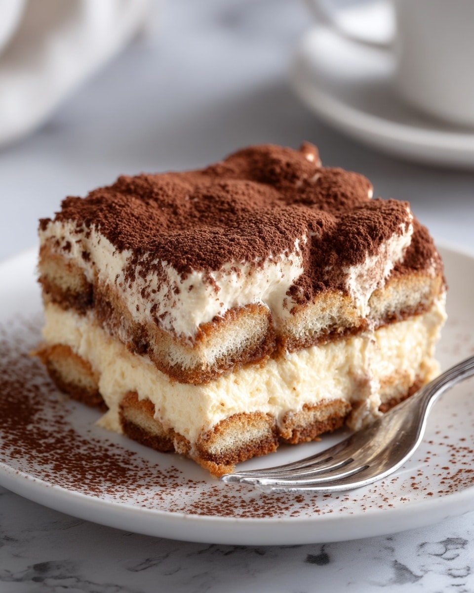 A slice of tiramisu on a white plate sits on a white marbled surface, showing three layers: a bottom layer of soaked ladyfinger biscuits with a brown coffee color, a thick middle layer of creamy pale yellow mascarpone filling, and a top layer of more ladyfinger biscuits soaked in coffee. The dessert is topped with a thick, uneven dusting of dark brown cocoa powder. Some cocoa powder is also scattered around the plate. A silver fork rests on the right edge of the plate, pointing towards the tiramisu. In the background, a blurry white cup and saucer are visible. photo taken with an iphone --ar 4:5 --v 7