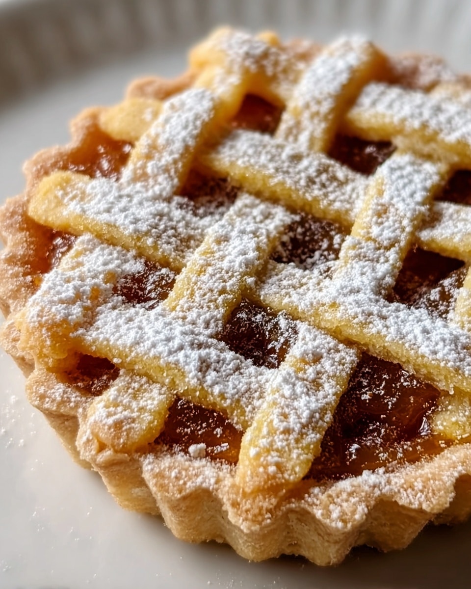 A close-up of a small tart with a golden, crimped crust edge, featuring a lattice pattern on top made of light yellow dough strips. The filling below the lattice is a rich, dark amber color with a glossy texture. The tart is dusted generously with fine white powdered sugar that rests lightly on the crust and filling. The tart sits on a white plate, placed on a white marbled surface. Photo taken with an iphone --ar 4:5 --v 7