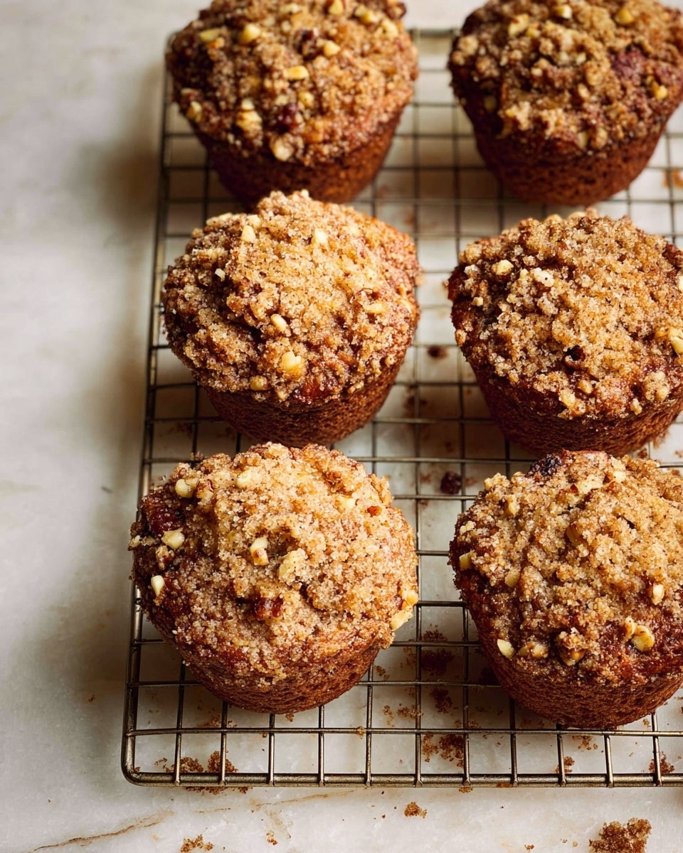 Six muffins with a crumbly, golden-brown topping studded with small nut pieces are placed on a metal cooling rack. The muffins are brown and textured, showing a fresh baked look with some crumbs scattered on the white marbled surface beneath. The cooling rack is centered, and the muffins are arranged in two rows with a close focus on the front muffin. The overall tone is warm and inviting. photo taken with an iphone --ar 4:5 --v 7