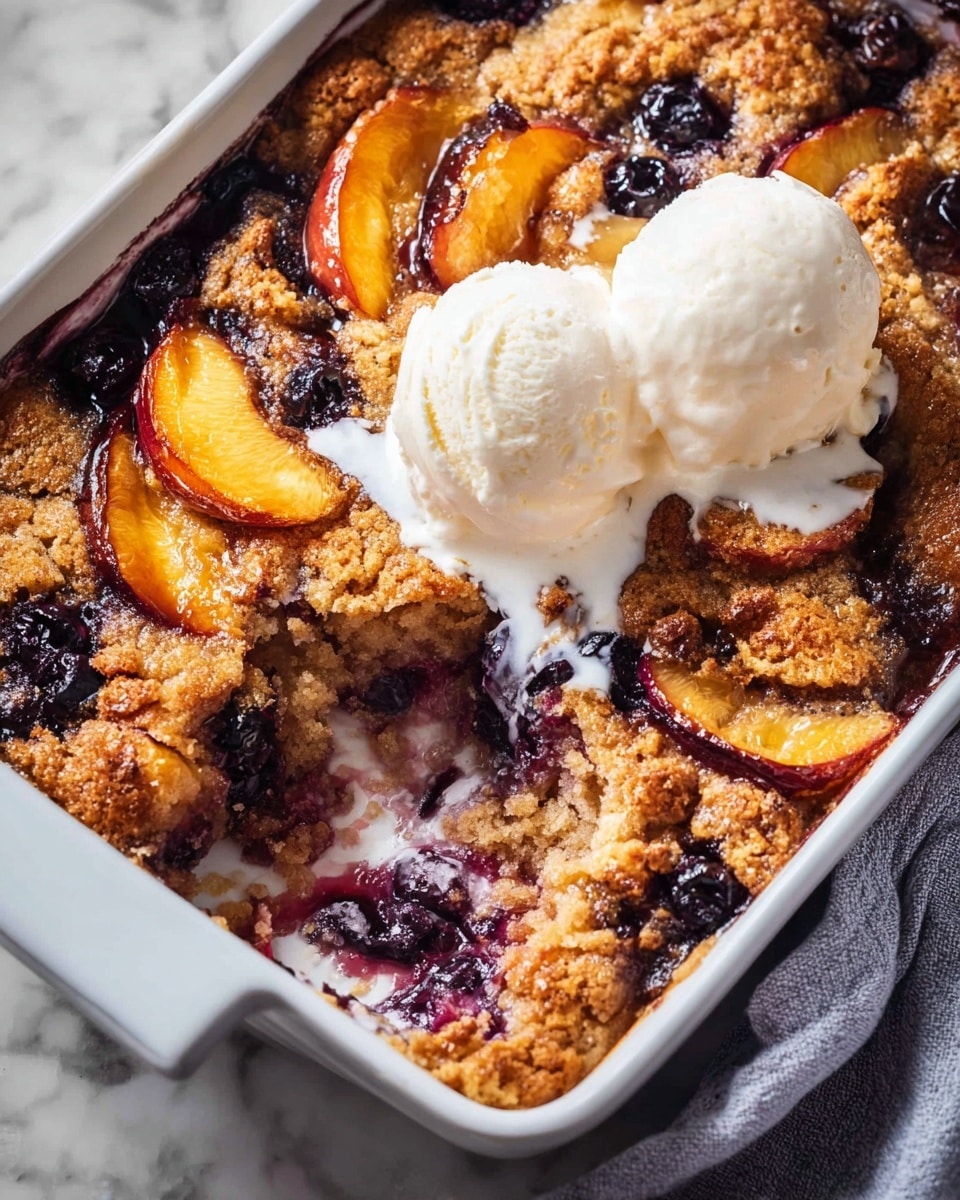 A close-up of a baked peach and blueberry cobbler in a white rectangular baking dish, showing a golden brown crust layered with juicy, caramelized peach slices and deep purple blueberries mixed throughout. Two melting scoops of creamy white vanilla ice cream sit on top, slowly dripping and blending into the warm fruit and crust below. The crust looks soft and crumbly with some darker baked edges, and a piece has been scooped out from one corner, revealing the moist interior. The dish is set on a white marbled surface with a soft gray cloth nearby. photo taken with an iphone --ar 4:5 --v 7