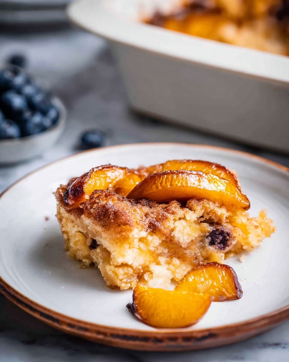 A close-up view of a single slice of baked peach cobbler on a white plate with a brown rim, showing a thick golden-brown crust at the bottom. On top of the crust are soft, caramelized peach slices with a shiny, slightly burnt texture and a few dark spots, indicating caramelization. Some peach pieces fall beside the slice on the plate. In the blurred background, a white baking dish holds more of the cobbler with visible caramelized peach chunks and a golden crust. The plate is placed on a white marbled surface with scattered dark blueberries around it. photo taken with an iphone --ar 4:5 --v 7