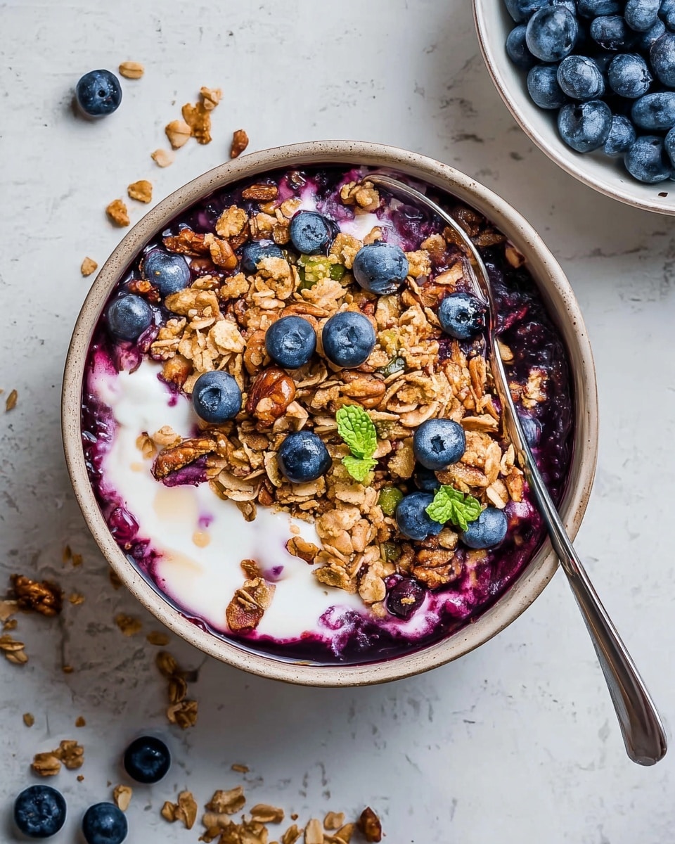 A white bowl filled with multiple layers starts with a base of deep purple blueberry compote, topped with uneven patches of white yogurt swirled through it. The top layer is a generous sprinkle of crunchy golden granola with some pecan pieces scattered throughout, along with fresh whole blueberries and small green mint leaves. A silver spoon rests on the right edge of the bowl, partially inside the mixture. Around the bowl are scattered blueberries and bits of granola, all set on a white marbled textured surface, with a partial view of a white plate full of fresh blueberries at the top right. Photo taken with an iphone --ar 4:5 --v 7