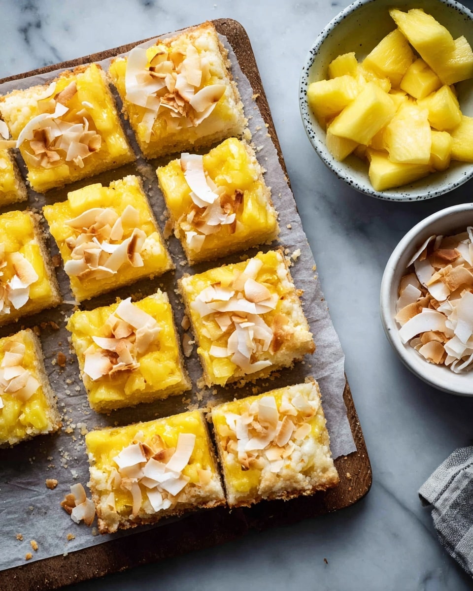 The image shows nine square pieces of a dessert bar laid out on a sheet of parchment paper over a white marbled surface. Each bar has three distinct layers: a light golden base that looks soft and crumbly, a thick middle layer made of bright yellow crushed pineapple chunks that spread evenly, and on top, toasted coconut flakes scattered across the pineapple, some with a light brown tint and others white. The bars are cut cleanly, and small crumbs are visible around them. Nearby, there are two bowls on the marbled surface: one white bowl filled with fresh pineapple chunks and one white bowl with toasted coconut flakes. photo taken with an iphone --ar 4:5 --v 7