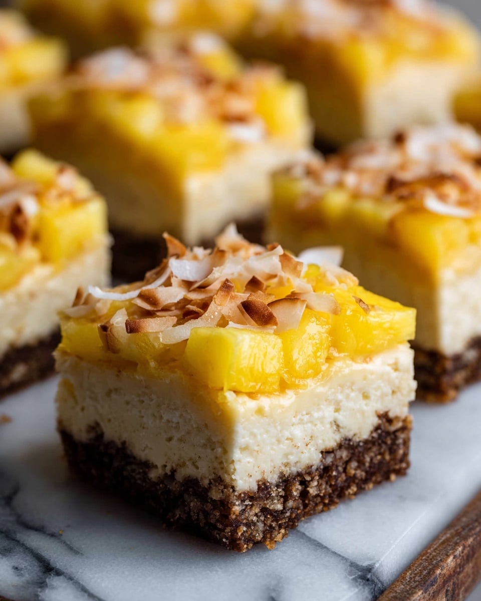 The image shows a close-up of several square dessert bars arranged closely together on a white marbled surface. Each bar has three visible layers: the bottom layer is a dark brown crumbly crust, the middle layer is a thick, creamy, light beige cheesecake, and the top layer is a vibrant yellow pineapple chunk topping mixed with toasted coconut flakes scattered over it. The textures contrast from the rough base, smooth cheesecake, to the chunky, moist fruit and crisp coconut on top. The background is softly blurred, focusing attention on the detailed texture of the dessert bars. photo taken with an iphone --ar 4:5 --v 7