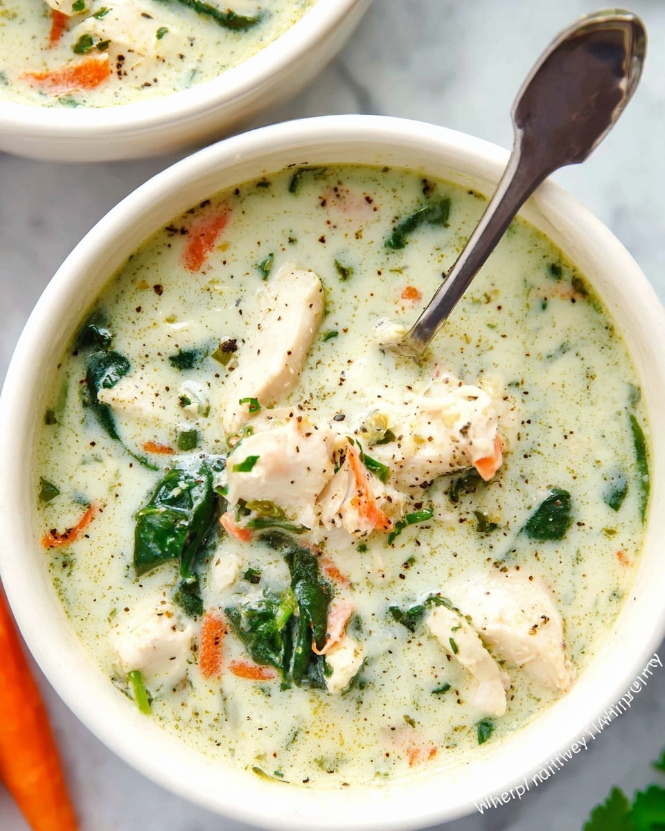 A white bowl filled with creamy, thick chicken and vegetable soup with visible chunks of white chicken, bright green spinach leaves, and shreds of orange carrot floating in a pale greenish-white broth, sprinkled lightly with black pepper. A silver spoon rests inside the bowl, partially submerged in the soup. The bowl is set on a white marbled surface with a blurred carrot in the background. Another white bowl with the same soup is partially visible at the top left corner. photo taken with an iphone --ar 4:5 --v 7