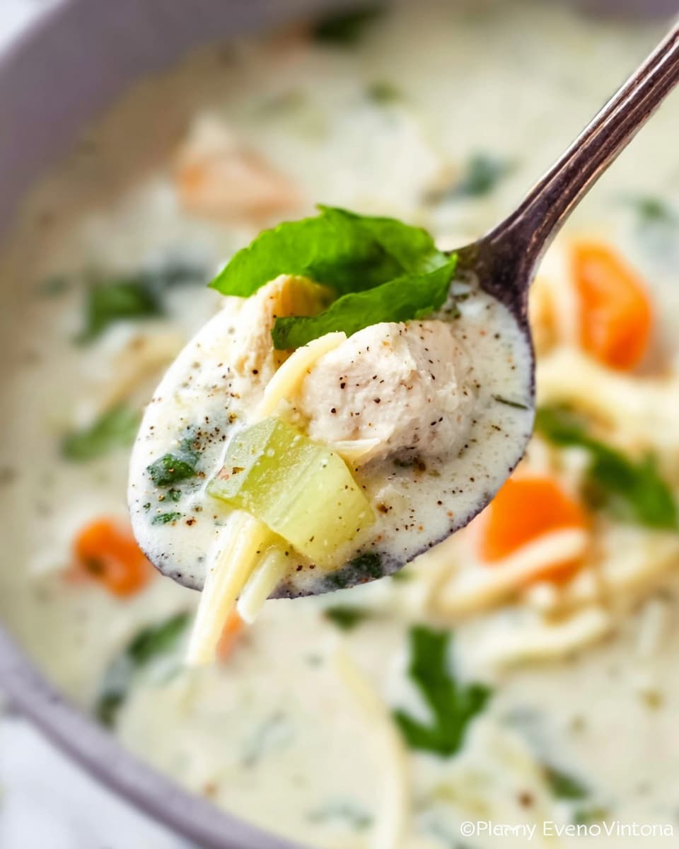 A close-up view of a creamy soup on a metal spoon shows multiple layers and textures: a smooth, white cream base speckled with black pepper, pale yellow shredded cheese, a light green celery piece with a fresh leafy green herb on top, and a small piece of white chicken. The background is softly blurred, showing more of the creamy soup with scattered bits of orange carrot and bright green herbs, all on a white marbled texture. Photo taken with an iphone --ar 4:5 --v 7
