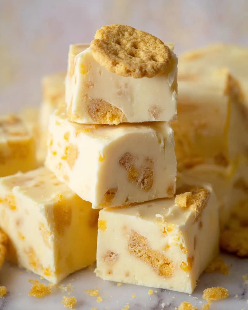 The image shows several thick, creamy yellow fudge pieces stacked on a white marbled surface. Each fudge piece has small crunchy bits of golden cookies embedded inside, with one piece on top featuring a partial cookie decoration. The fudge texture is smooth but has small crumbly cookie bits scattered throughout, giving a mix of creamy and crunchy feel. The light cream color contrasts softly with the golden cookie bits inside, creating a warm and inviting look. photo taken with an iphone --ar 4:5 --v 7