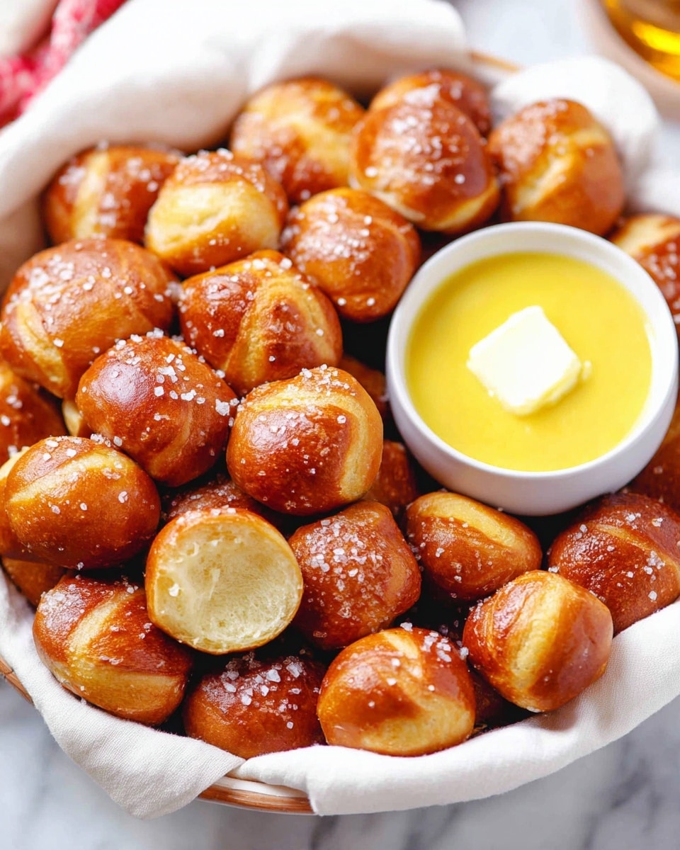 A white bowl filled with many small, golden-brown soft pretzel bites, each topped with coarse salt. The pretzel bites have a shiny, slightly crispy texture on the outside, while the inside looks soft and fluffy with a light yellow color. In the center of the bowl, there is a small white cup filled with bright yellow mustard sauce, topped with a small pat of melting butter. The bowl is placed on a white marbled surface with a soft cloth lining inside the bowl, creating a cozy and inviting look. photo taken with an iphone --ar 4:5 --v 7