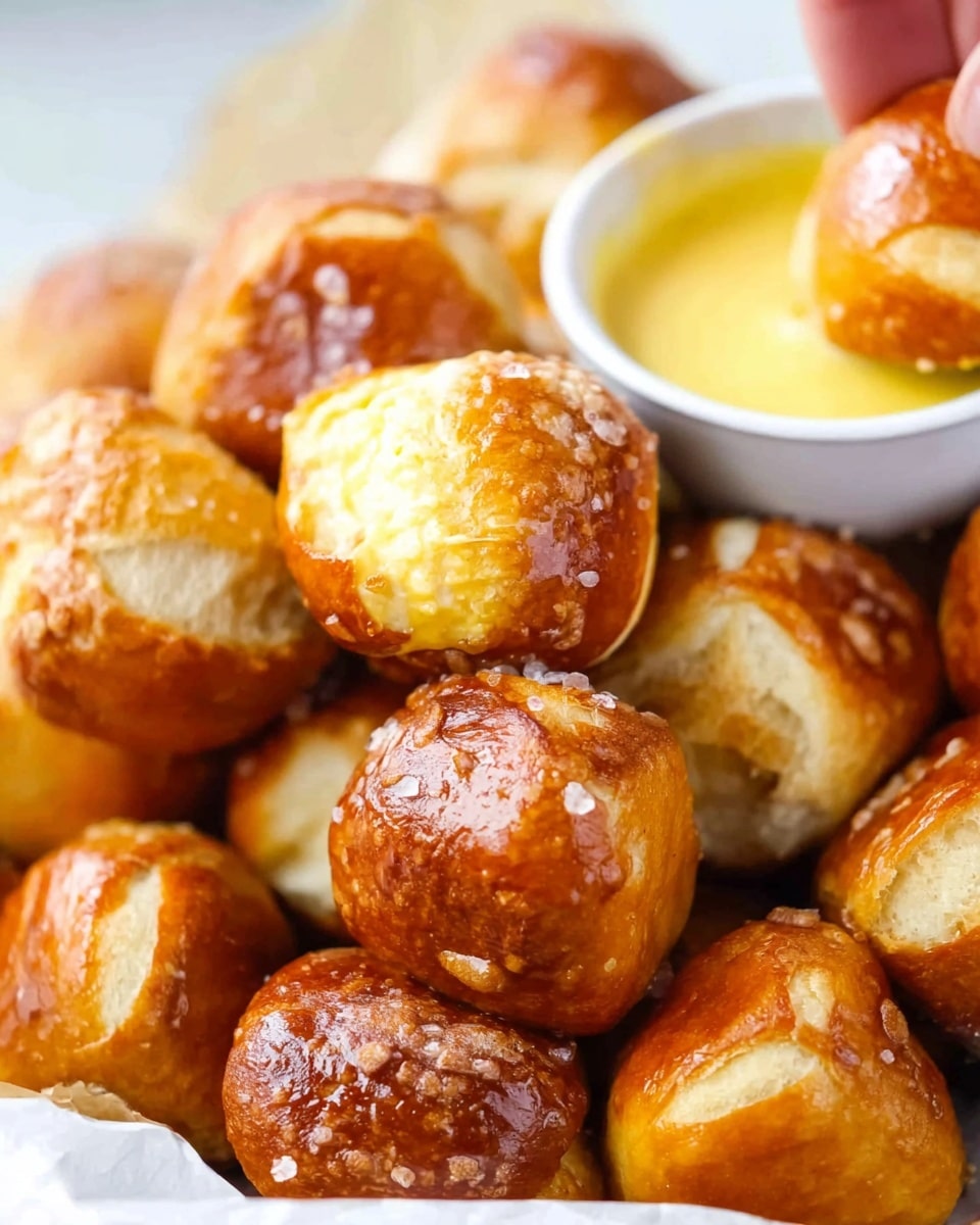 A close-up view of soft pretzel bites piled together shows a variety of light golden to deep amber browns with a glossy, slightly salted surface texture. Each bite varies in size and shape, with some pieces looking smooth and others showing rustic cracks. In the background, a small white round bowl holds a thick yellow mustard sauce, and a woman's hand is dipping one pretzel bite into it. The surface beneath is a white marbled texture. Photo taken with an iphone --ar 4:5 --v 7