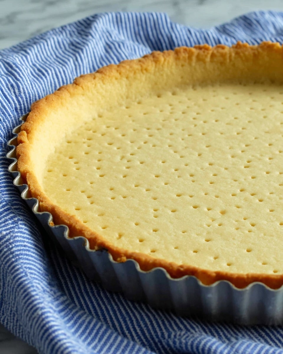 The image shows a close-up of a single baked tart crust in a round metal tart pan. The crust is golden brown on the edges with a smooth, pale yellow center that is evenly pierced with small hole patterns in neat rows. The crust has a firm, crumbly texture with slightly raised, scalloped edges. The tart pan rests on a blue and white striped cloth, set on a white marbled surface. photo taken with an iphone --ar 4:5 --v 7