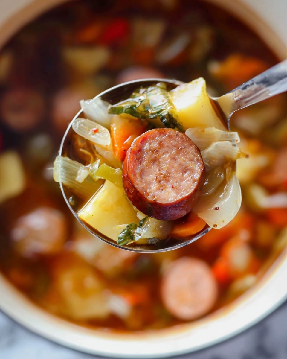 A white bowl filled with a stew that has several layers: the bottom layer is a light brown broth, topped with yellow baby potatoes and chunks of browned sausage cut into thick rounds. Mixed in are translucent cooked onions and small pieces of reddish-brown bacon. Green leafy parsley is scattered on top for garnish. A black spoon rests inside the bowl among the ingredients. The bowl sits on a white marbled surface. photo taken with an iphone --ar 4:5 --v 7