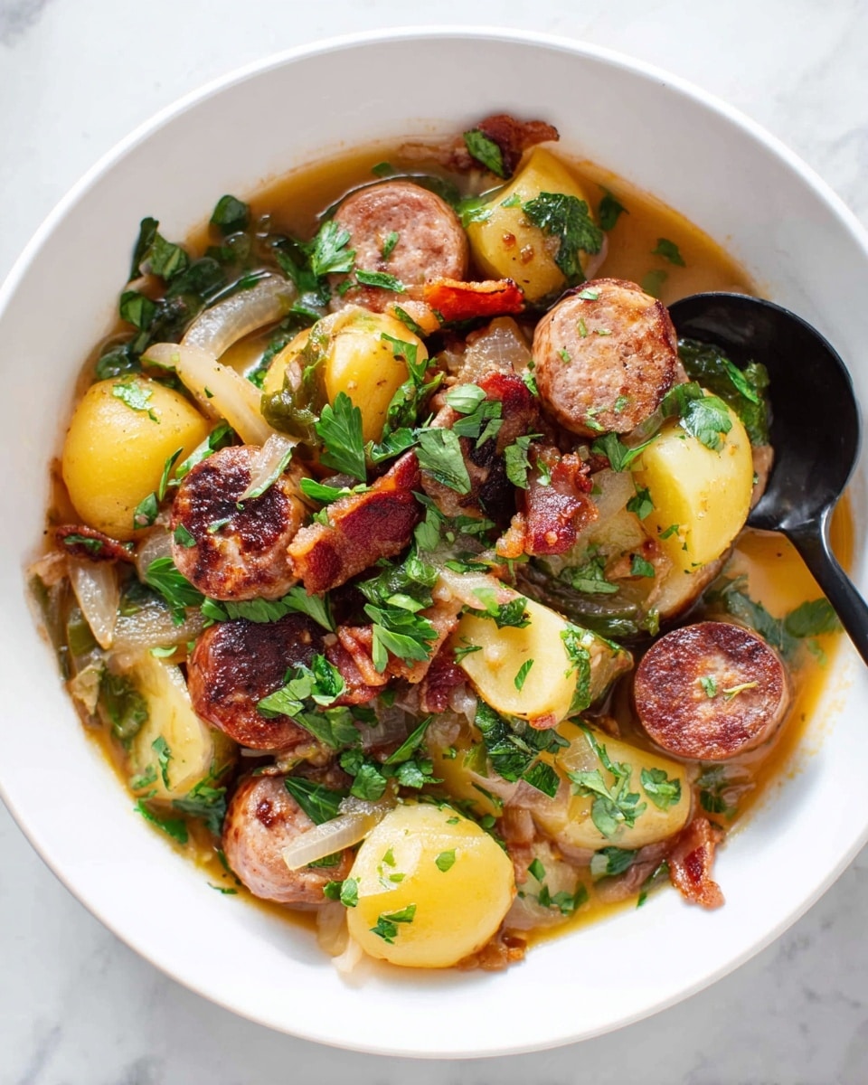 A close-up of a shiny silver ladle holding a mix of soup ingredients above a white pot on a white marbled texture. The ladle contains a top layer piece of round, brown sausage, beneath it are light yellow chunks of potato, soft translucent pieces of onion, and some green vegetable pieces in a rich brown broth. The background shows more slices of sausage and colorful vegetables blurred inside the pot. Photo taken with an iphone --ar 4:5 --v 7